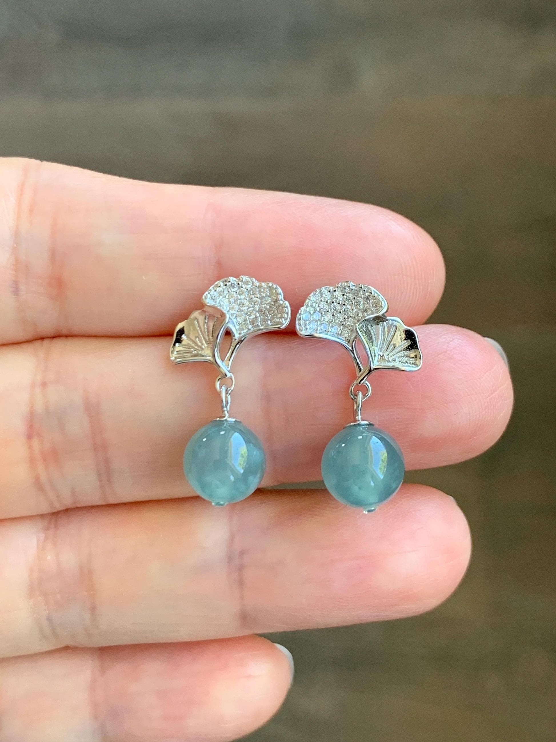 Natural Grade A Guatemalan Icy Highly Translucent Light Teal Blue Jade Jadeite Beads Dangle Earrings Sterling Silver 天然冰危浅蓝翡翠圆珠耳钉 BPS77H