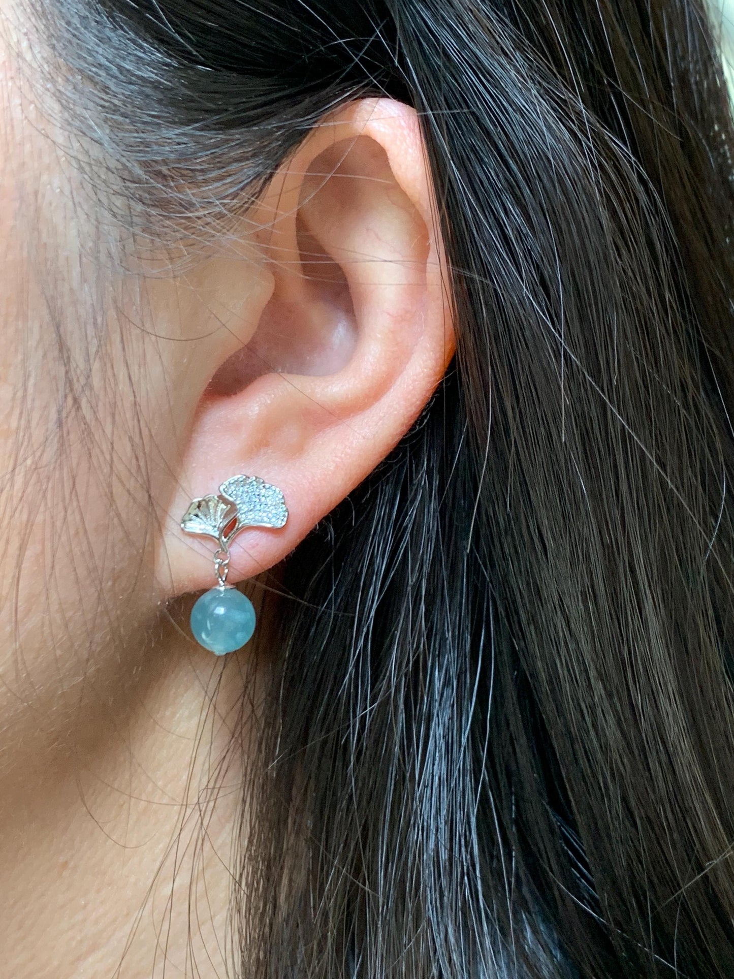 Natural Grade A Guatemalan Icy Highly Translucent Light Teal Blue Jade Jadeite Beads Dangle Earrings Sterling Silver 天然冰危浅蓝翡翠圆珠耳钉 BPS77H