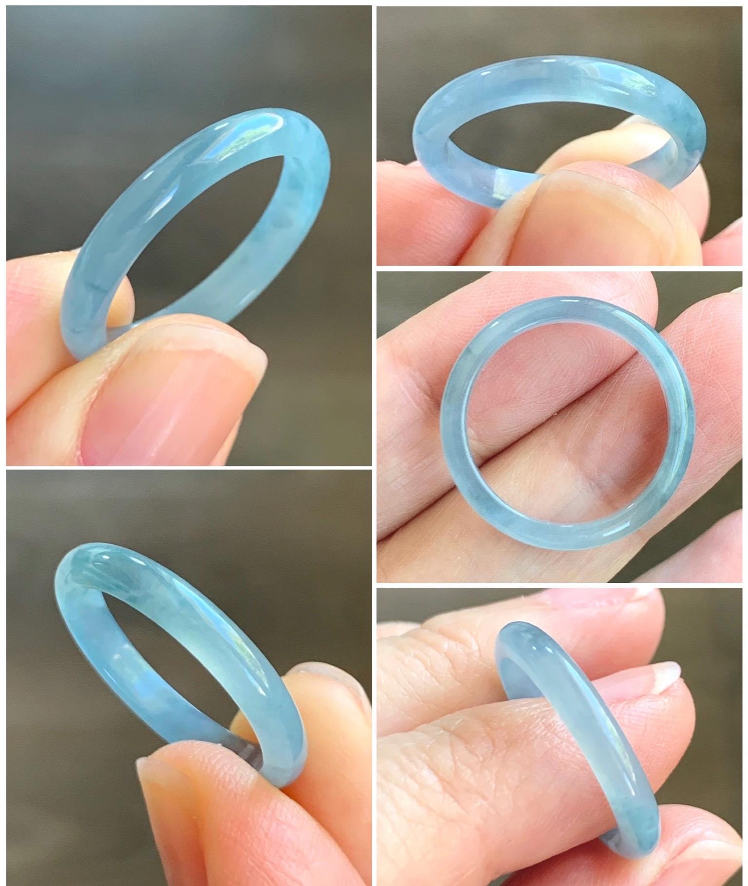 Natural Grade A Guatemalan Icy Highly Translucent Light Dusty Blue Jade Jadeite Band Ring Size 7.75 US 天然冰危浅蓝紫翡翠戒圈 NZL55