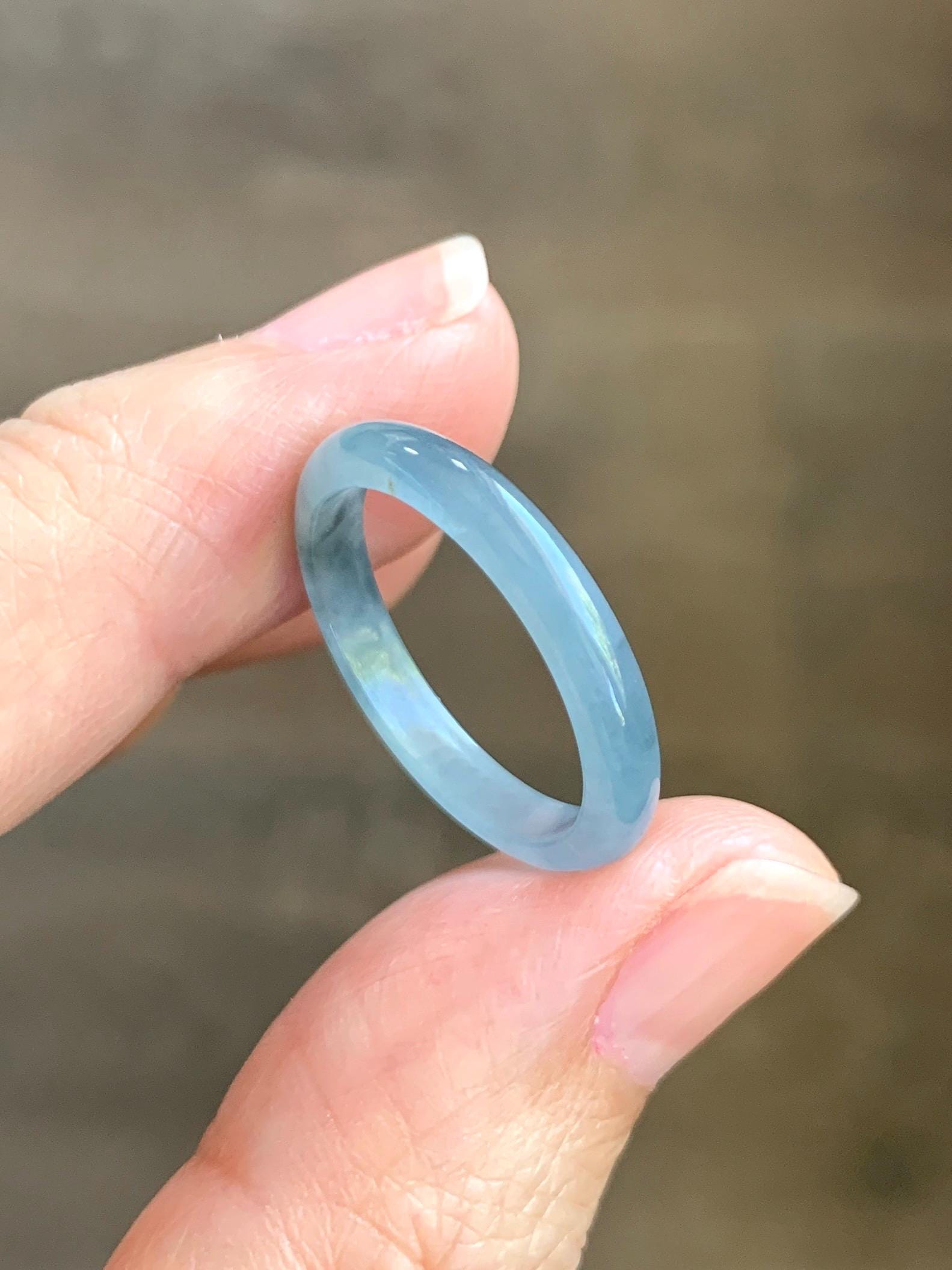 Natural Grade A Guatemalan Icy Highly Translucent Light Dusty Blue Jade Jadeite Band Ring Size 7.75 US 天然冰危浅蓝紫翡翠戒圈 NZL55
