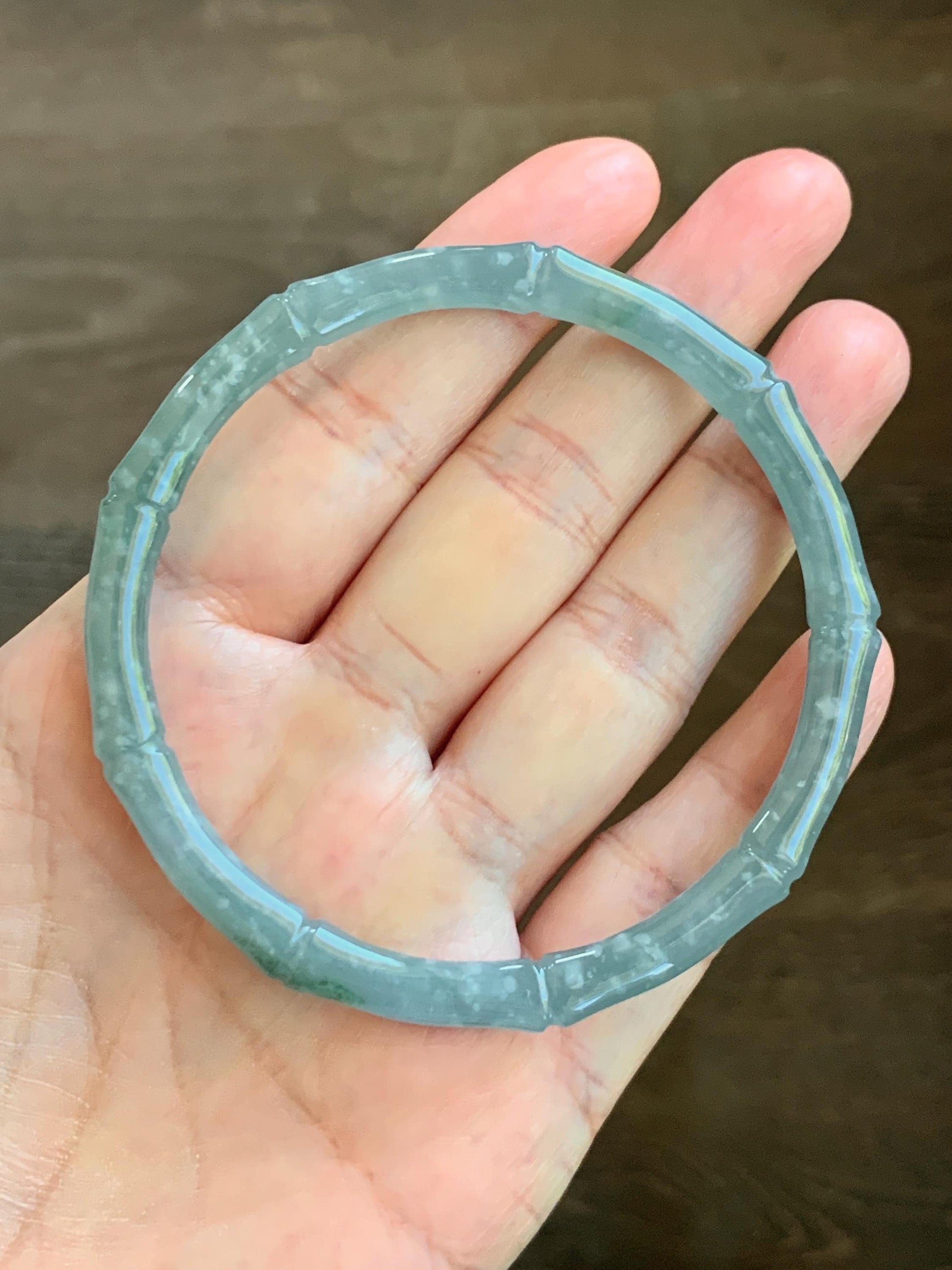 Certified Natural Grade A Guatemalan Icy Translucent Dusty Teal Blue Jade Jadeite Carved Bamboo Bangle 62.2mm 7.68” 18g 天然危篮翡翠竹节手镯 8806