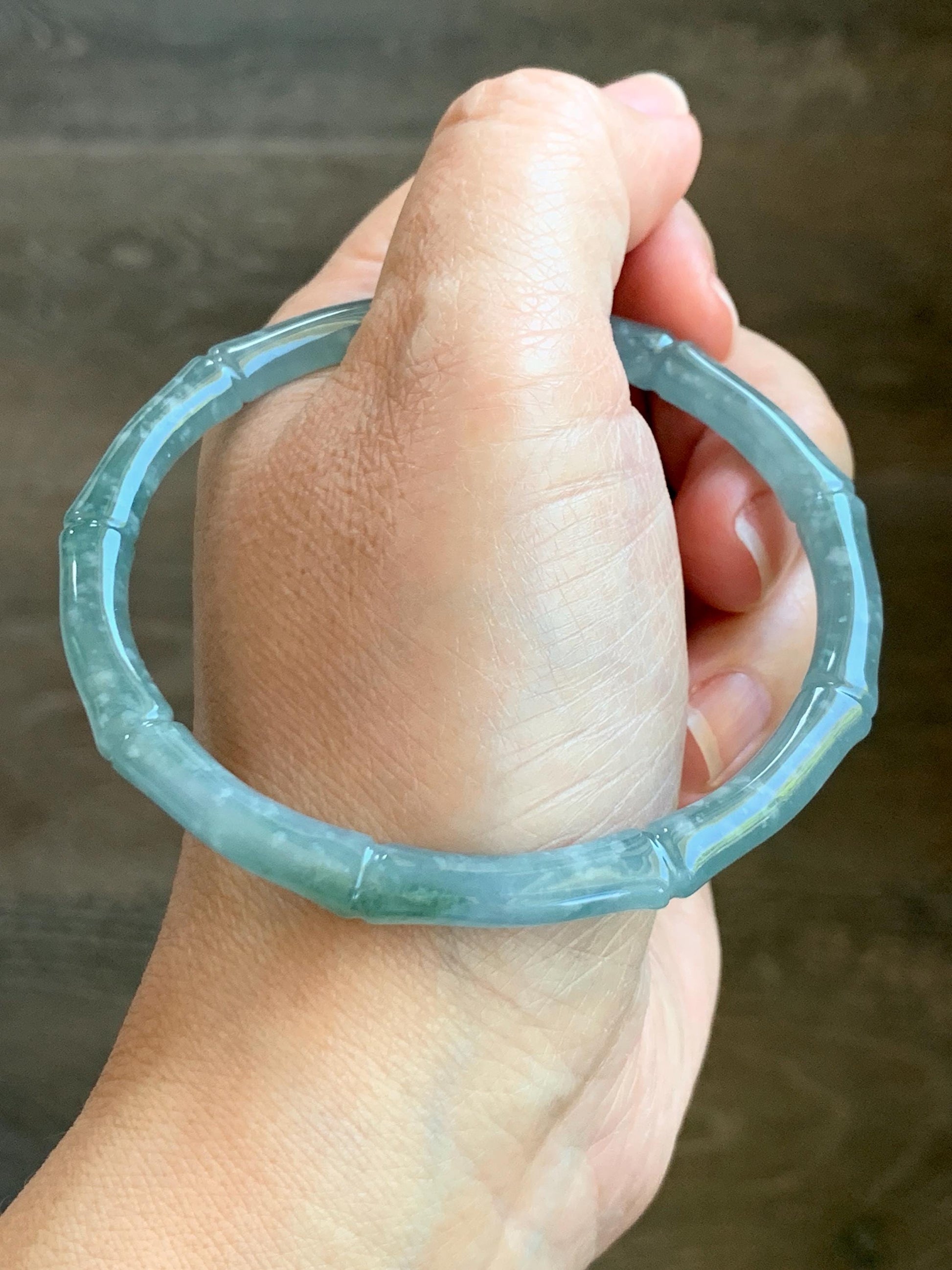 Certified Natural Grade A Guatemalan Icy Translucent Dusty Teal Blue Jade Jadeite Carved Bamboo Bangle 62.2mm 7.68” 18g 天然危篮翡翠竹节手镯 8806