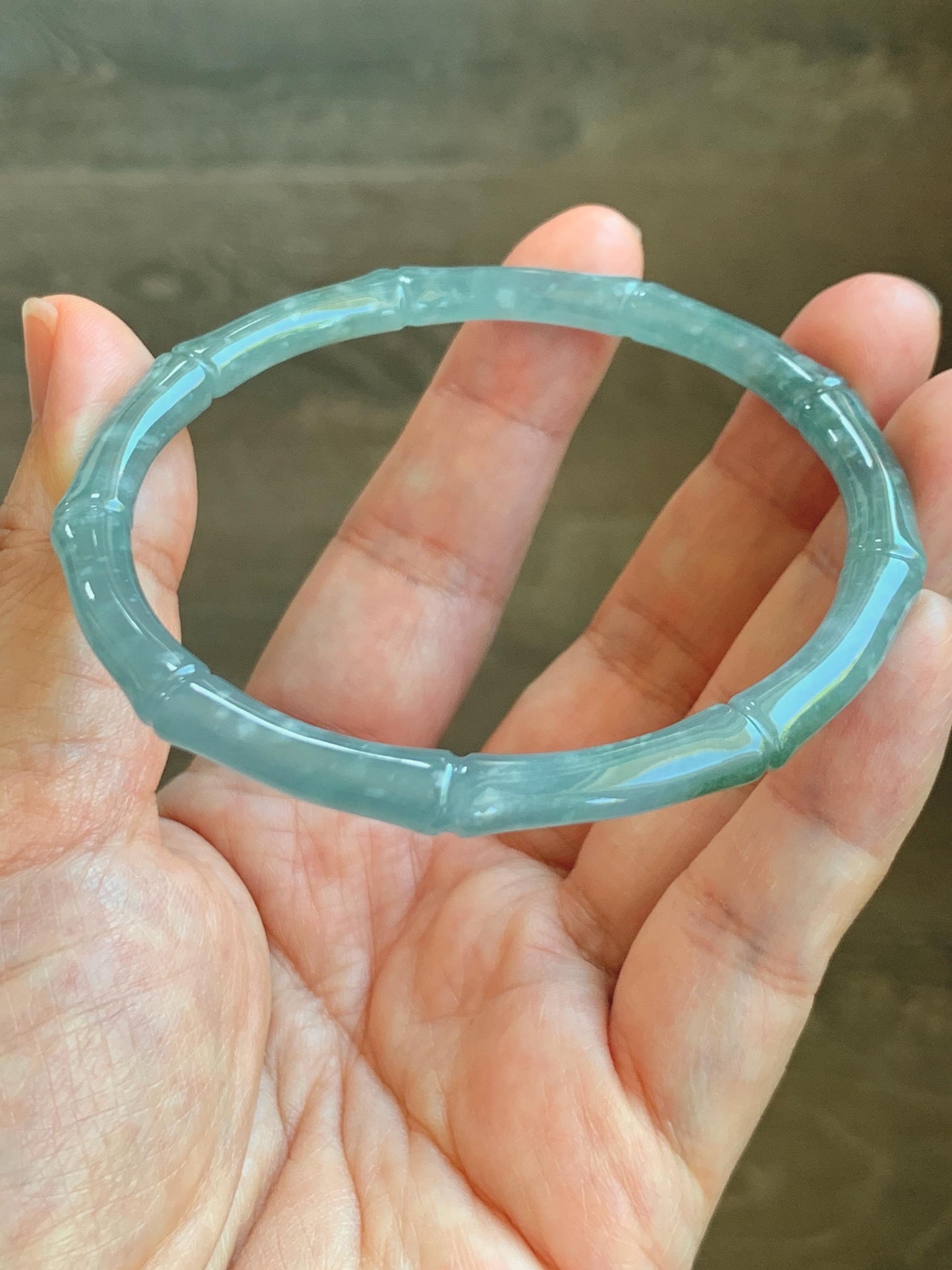 Certified Natural Grade A Guatemalan Icy Translucent Dusty Teal Blue Jade Jadeite Carved Bamboo Bangle 62.2mm 7.68” 18g 天然危篮翡翠竹节手镯 8806