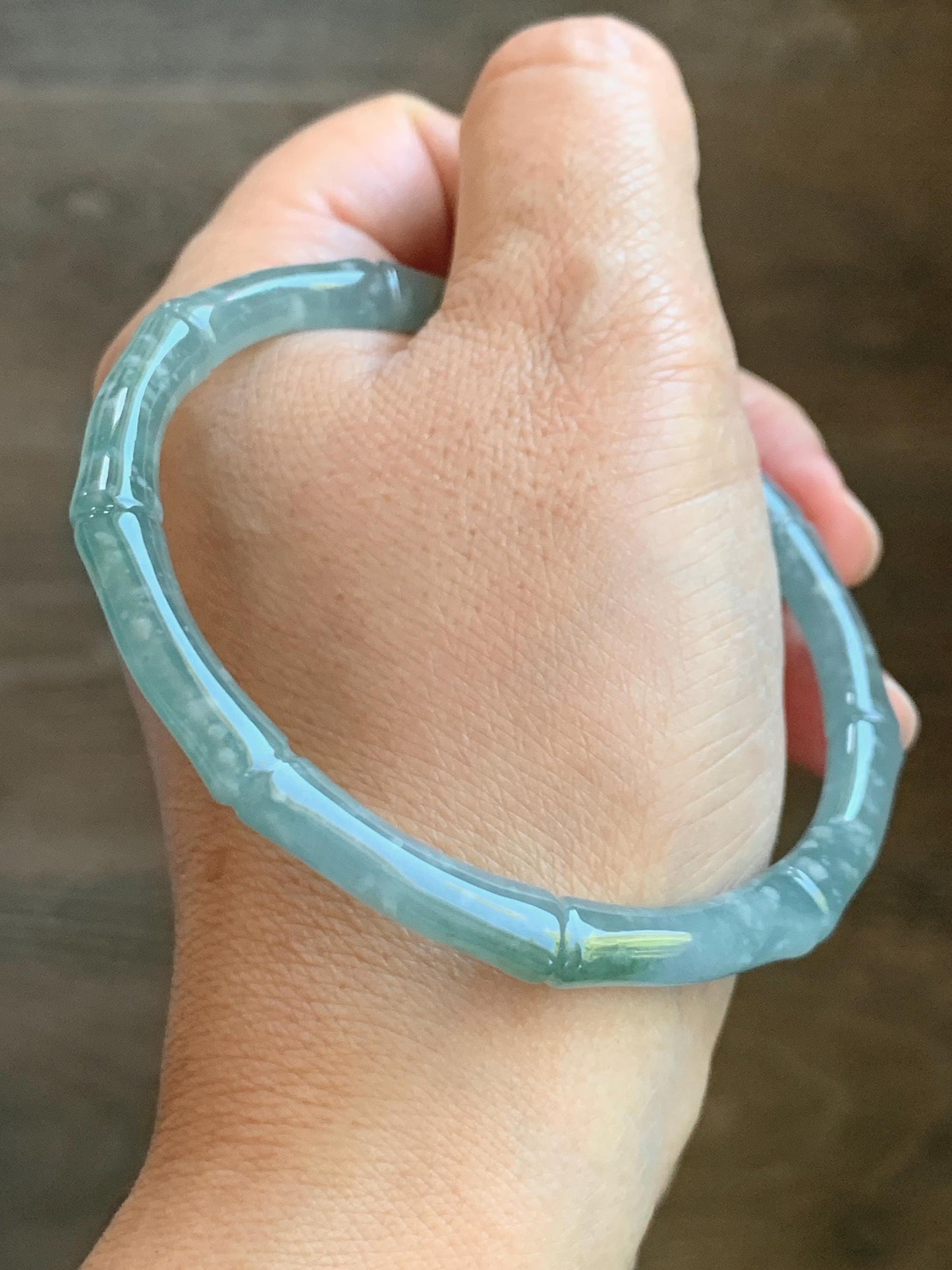 Certified Natural Grade A Guatemalan Icy Translucent Dusty Teal Blue Jade Jadeite Carved Bamboo Bangle 62.2mm 7.68” 18g 天然危篮翡翠竹节手镯 8806