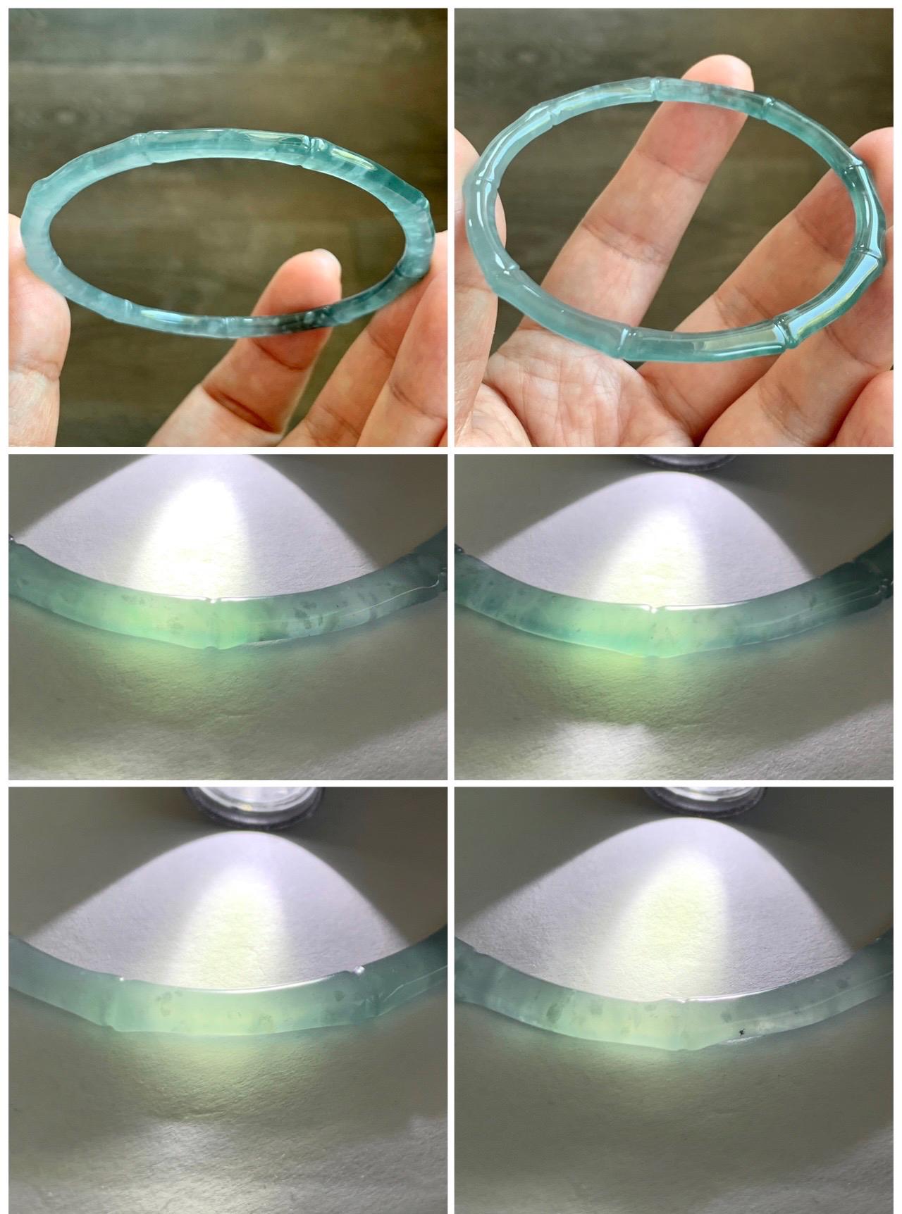 Certified Natural Grade A Guatemalan Icy Highly Translucent Teal Green Jade Jadeite Carved Slim Bamboo Bangle 58.2mm 7.19” 天然冰危绿翡翠竹节手镯 8777