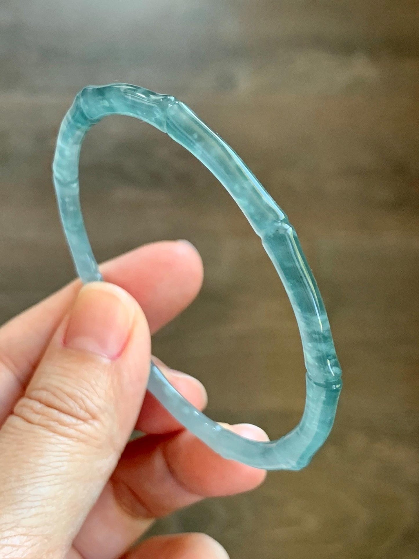 Certified Natural Grade A Guatemalan Icy Highly Translucent Teal Green Jade Jadeite Carved Slim Bamboo Bangle 58.2mm 7.19” 天然冰危绿翡翠竹节手镯 8777