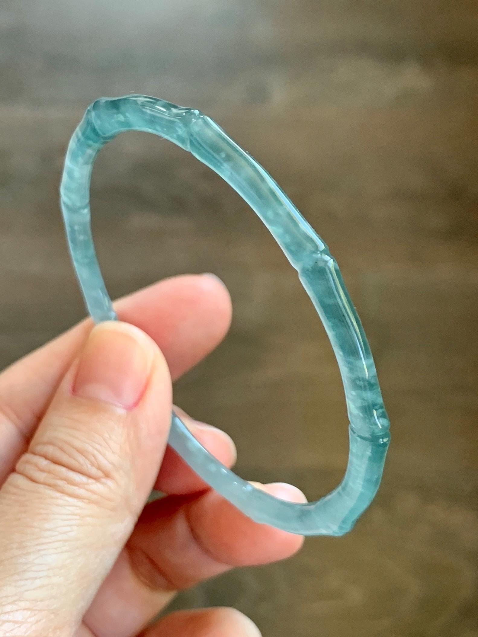 Certified Natural Grade A Guatemalan Icy Highly Translucent Teal Green Jade Jadeite Carved Slim Bamboo Bangle 58.2mm 7.19” 天然冰危绿翡翠竹节手镯 8777
