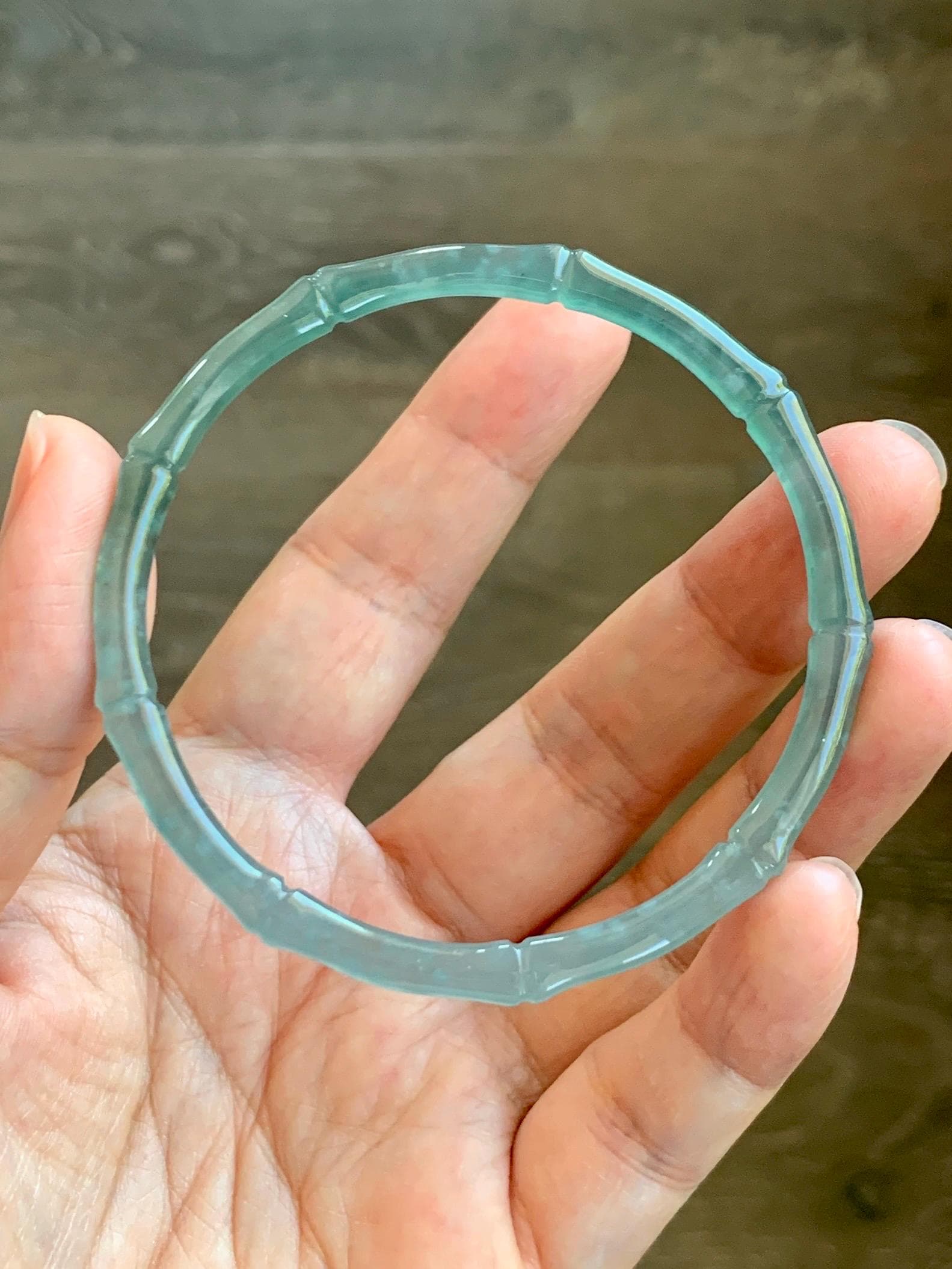 Certified Natural Grade A Guatemalan Icy Highly Translucent Teal Green Jade Jadeite Carved Slim Bamboo Bangle 58.2mm 7.19” 天然冰危绿翡翠竹节手镯 8777