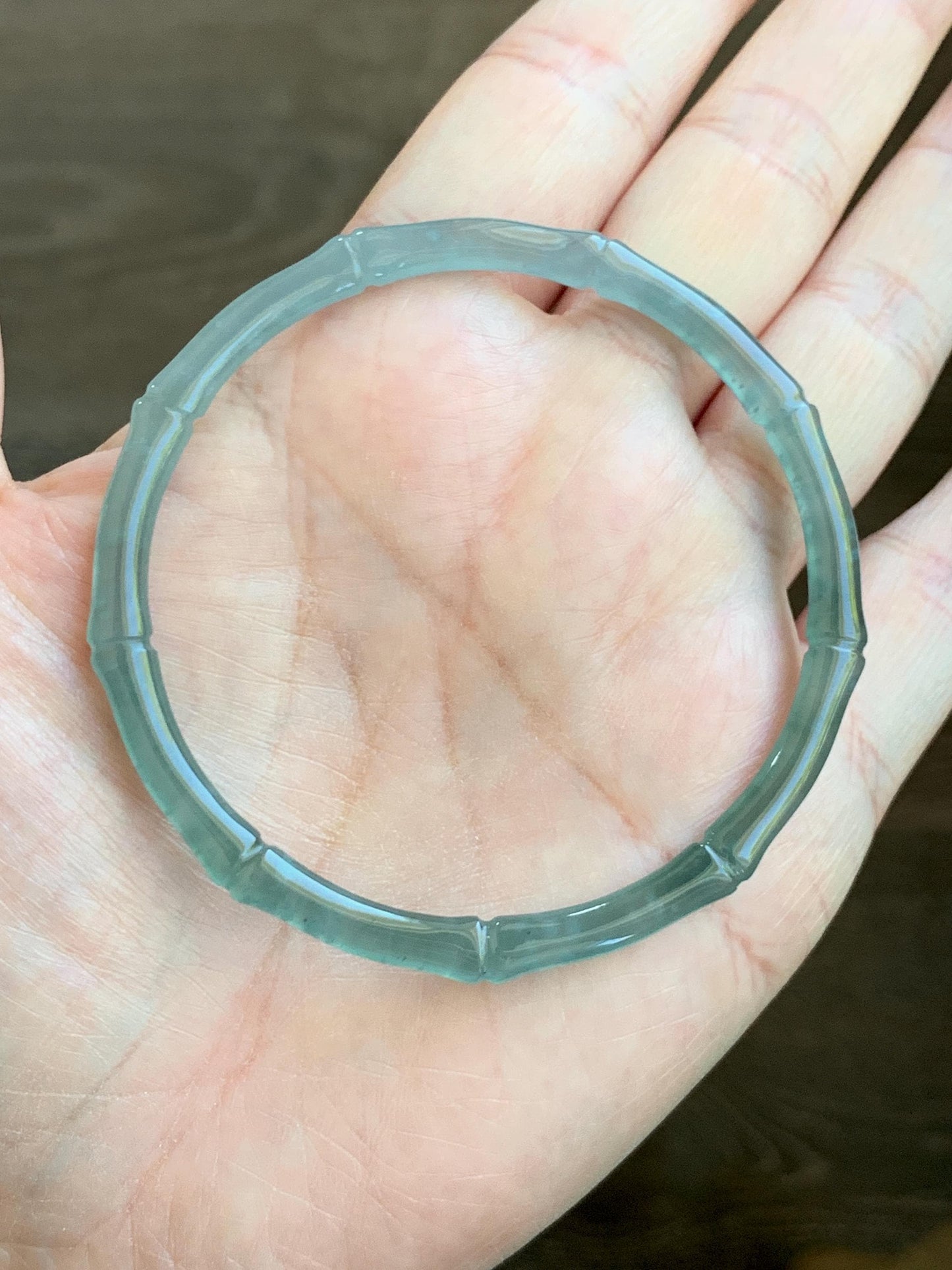 Certified Natural Grade A Guatemalan Icy Highly Translucent Teal Green Jade Jadeite Carved Slim Bamboo Bangle 58.2mm 7.19” 天然冰危绿翡翠竹节手镯 8777