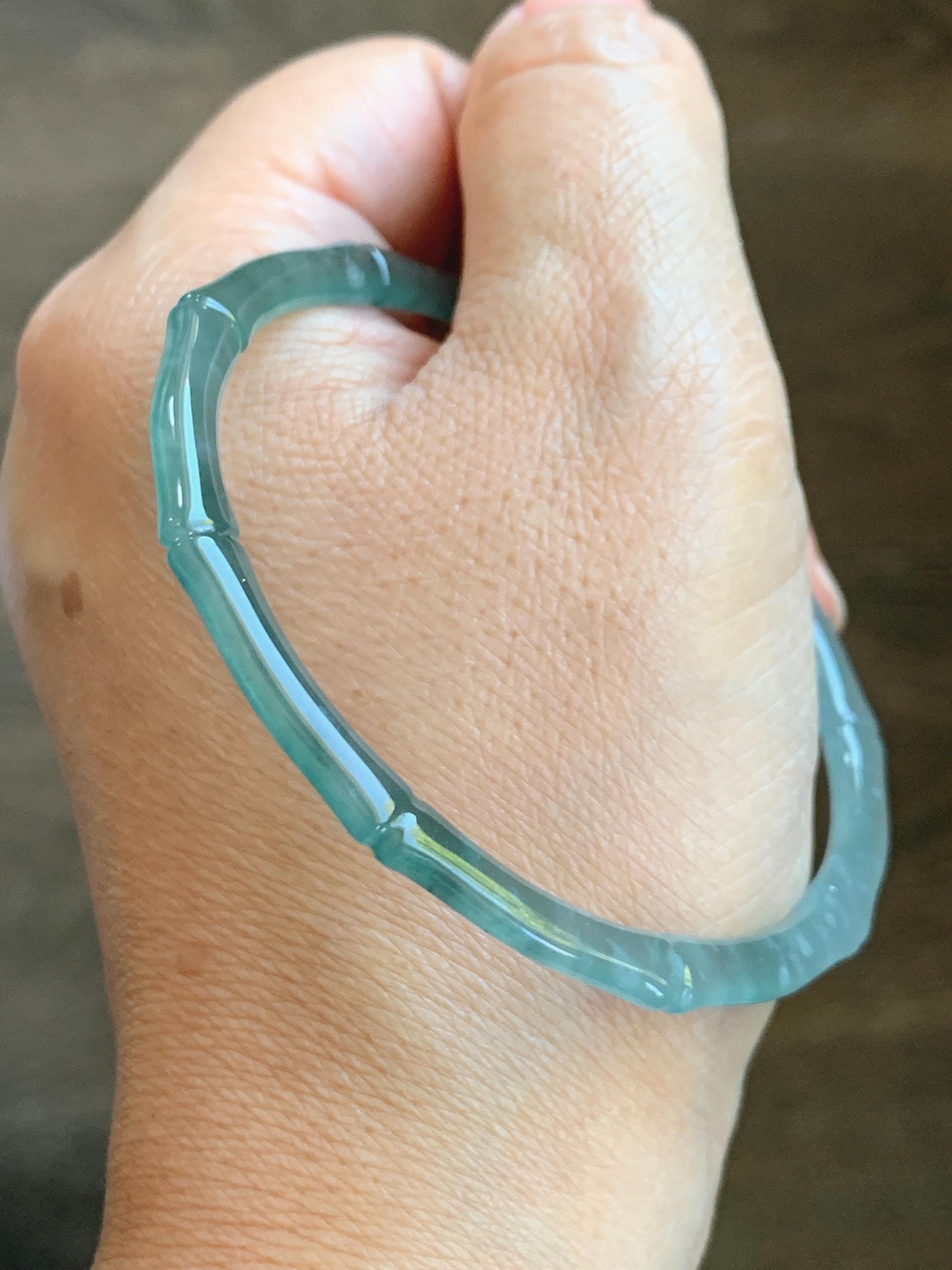 Certified Natural Grade A Guatemalan Icy Highly Translucent Teal Green Jade Jadeite Carved Slim Bamboo Bangle 58.2mm 7.19” 天然冰危绿翡翠竹节手镯 8777