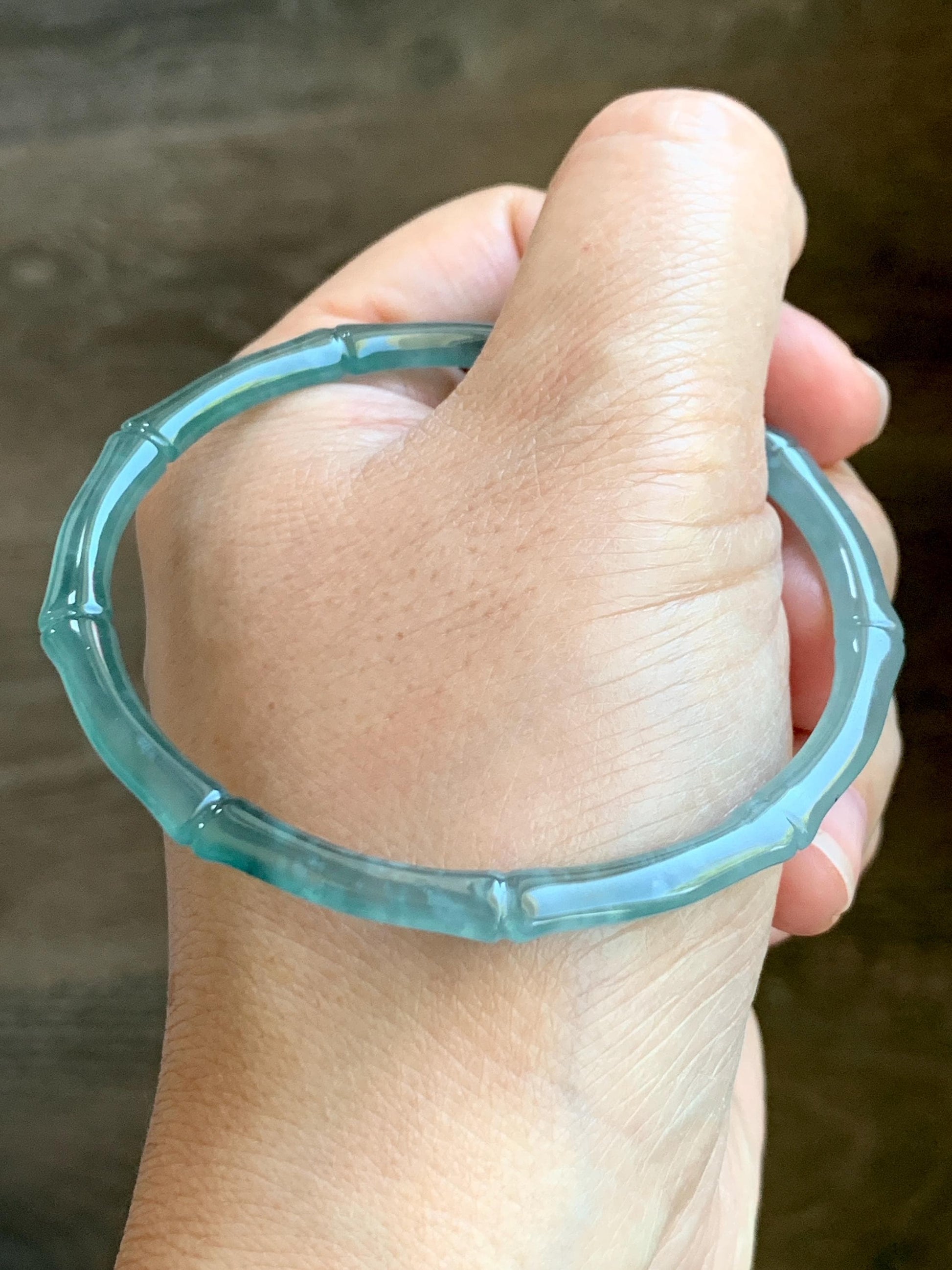 Certified Natural Grade A Guatemalan Icy Highly Translucent Teal Green Jade Jadeite Carved Slim Bamboo Bangle 58.2mm 7.19” 天然冰危绿翡翠竹节手镯 8777