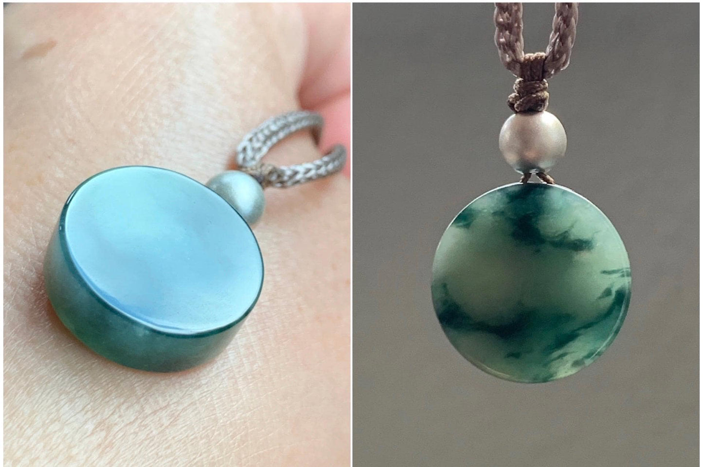 Natural Grade A Icy Translucent Green Marbled Jadeite Round Disc Pendant Rope Necklace Wu Shi Pai Sterling Silver 26” 天然飘花翡翠小无事牌吊坠 XPW50A