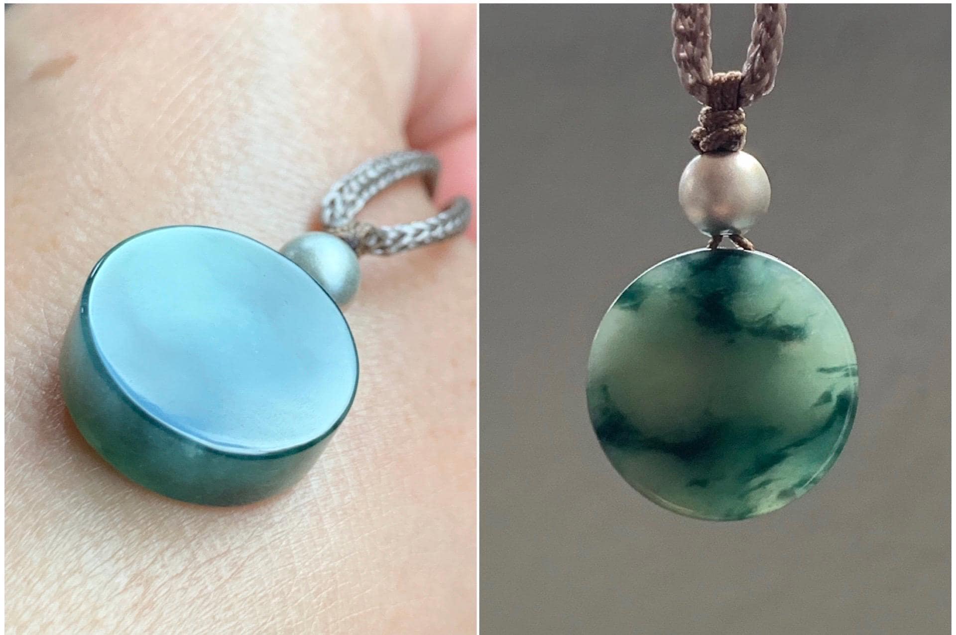 Natural Grade A Icy Translucent Green Marbled Jadeite Round Disc Pendant Rope Necklace Wu Shi Pai Sterling Silver 26” 天然飘花翡翠小无事牌吊坠 XPW50A