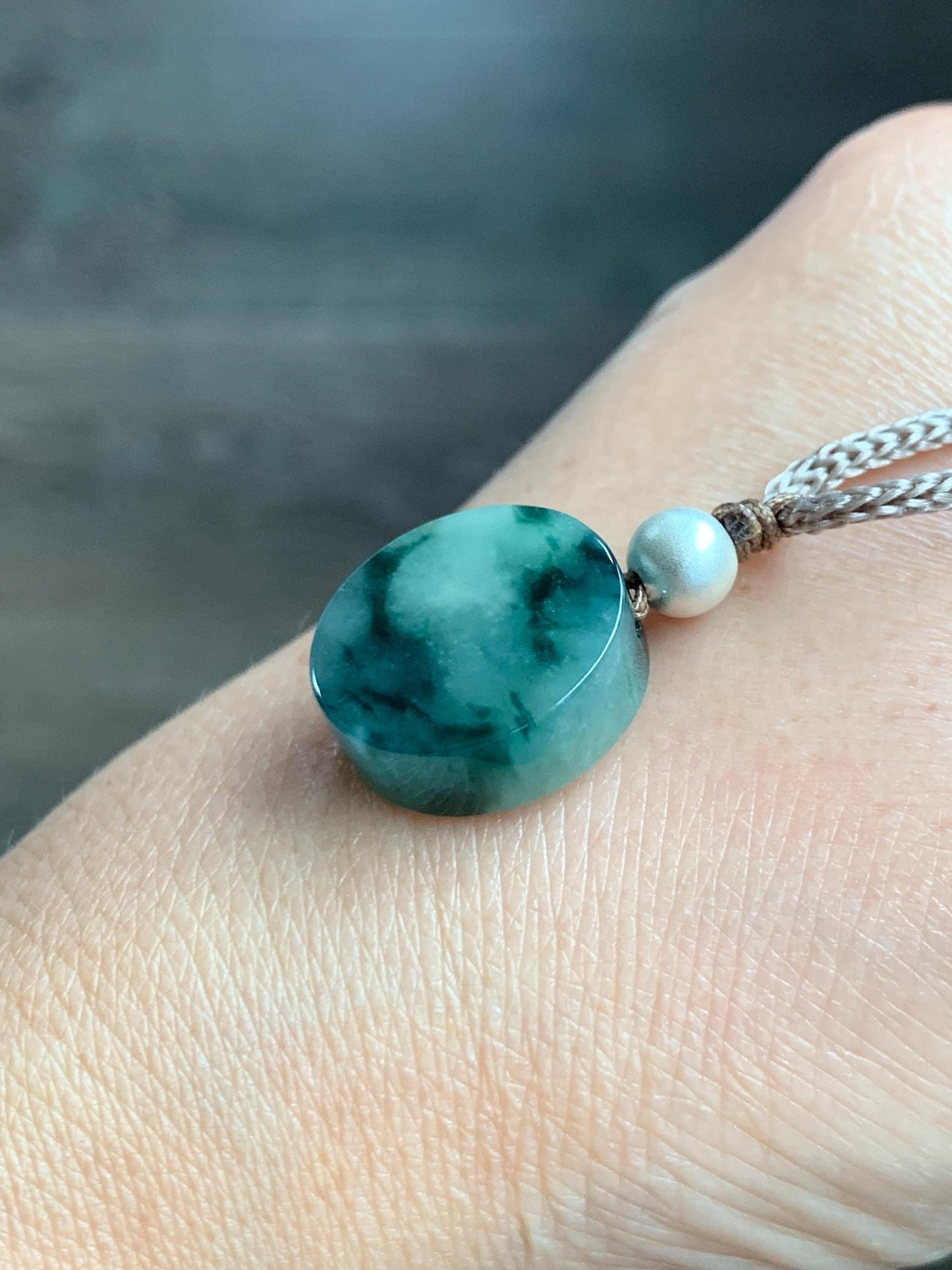 Natural Grade A Icy Translucent Green Marbled Jadeite Round Disc Pendant Rope Necklace Wu Shi Pai Sterling Silver 26” 天然飘花翡翠小无事牌吊坠 XPW50A