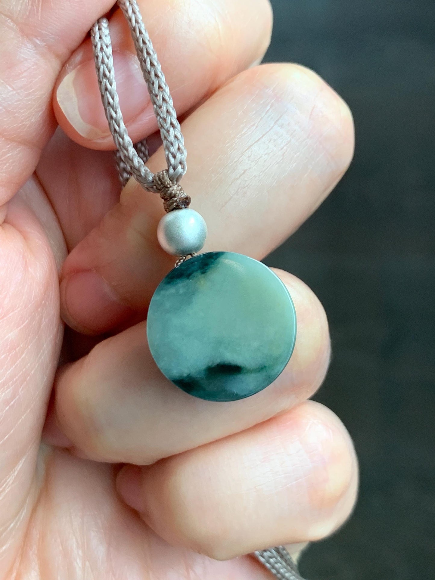 Natural Grade A Icy Translucent Green Marbled Jadeite Round Disc Pendant Rope Necklace Wu Shi Pai Sterling Silver 26” 天然飘花翡翠小无事牌吊坠 XPW50A