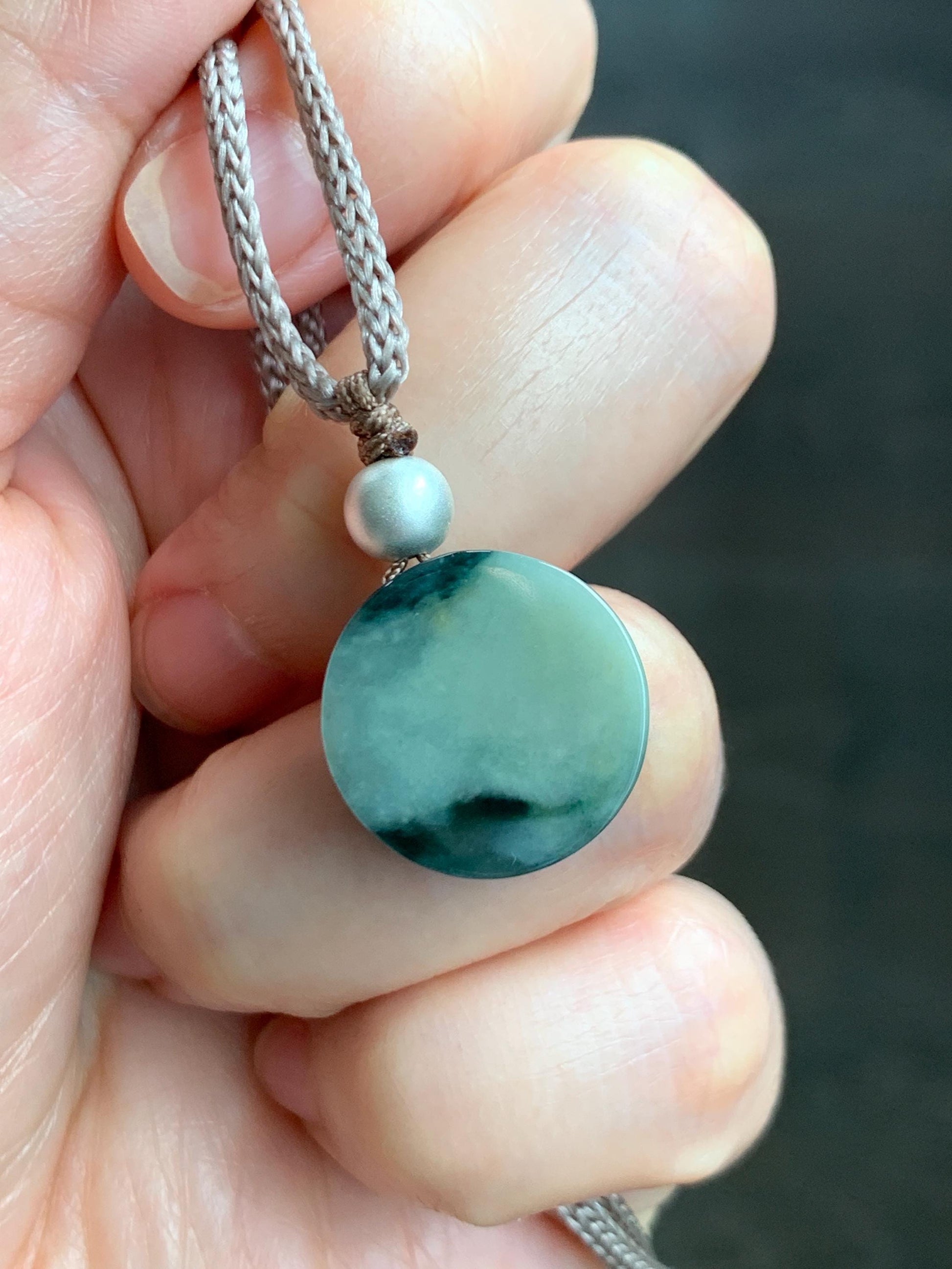 Natural Grade A Icy Translucent Green Marbled Jadeite Round Disc Pendant Rope Necklace Wu Shi Pai Sterling Silver 26” 天然飘花翡翠小无事牌吊坠 XPW50A