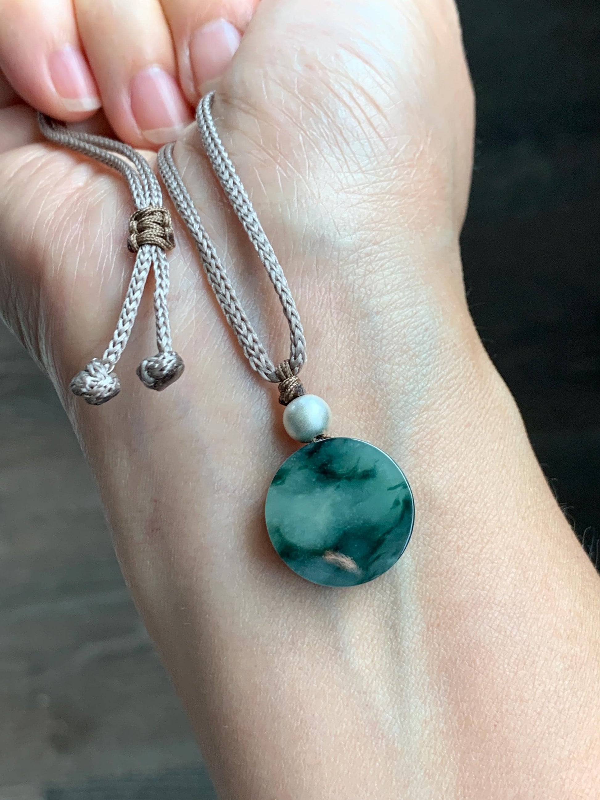 Natural Grade A Icy Translucent Green Marbled Jadeite Round Disc Pendant Rope Necklace Wu Shi Pai Sterling Silver 26” 天然飘花翡翠小无事牌吊坠 XPW50A