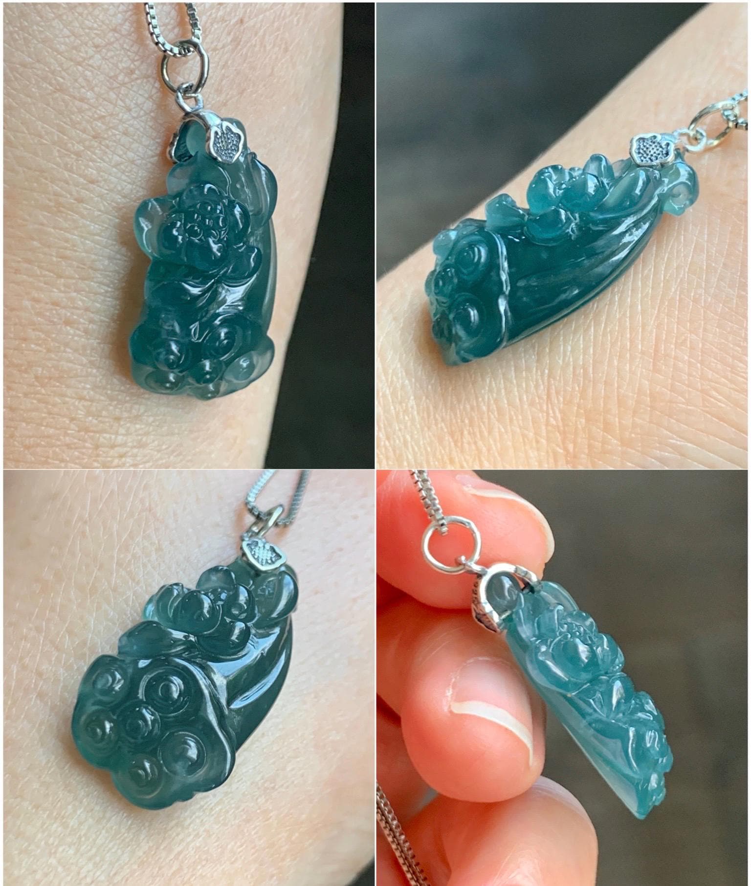 Natural Grade A Guatemalan Icy Translucent Dark Teal Blue Jade Jadeite Lotus Flower Lotus Pod Pendant Sterling Silver 天然冰危深蓝翡翠莲花莲蓬吊坠 WHP280A