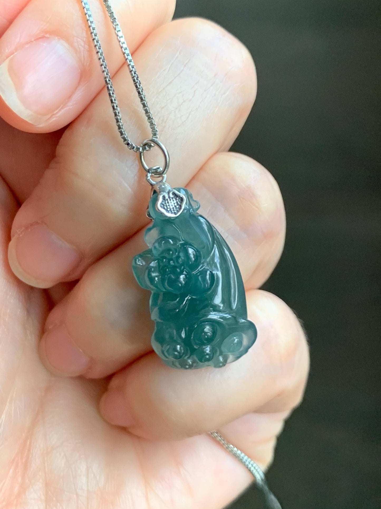 Natural Grade A Guatemalan Icy Translucent Dark Teal Blue Jade Jadeite Lotus Flower Lotus Pod Pendant Sterling Silver 天然冰危深蓝翡翠莲花莲蓬吊坠 WHP280A