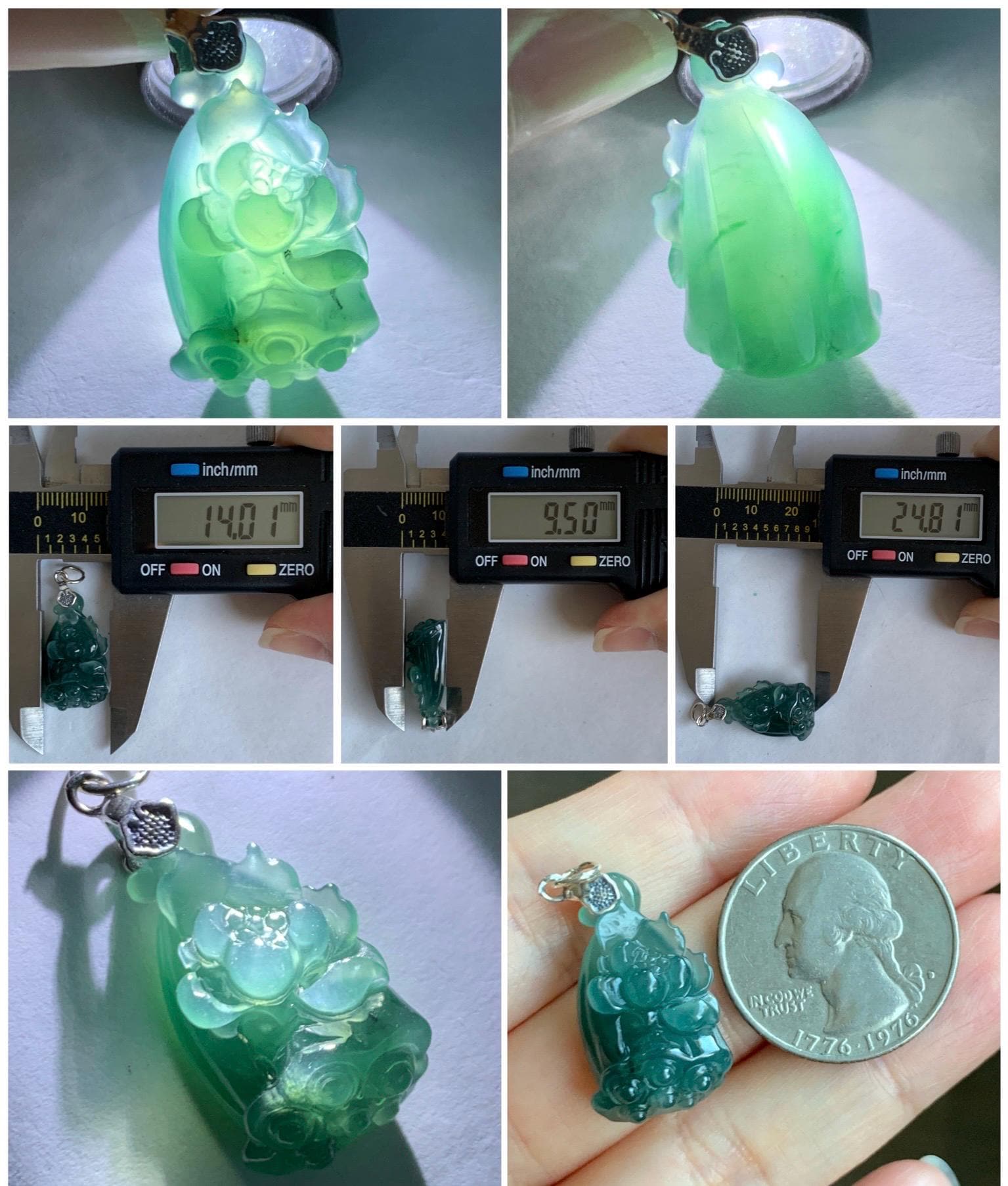Natural Grade A Guatemalan Icy Translucent Dark Teal Blue Jade Jadeite Lotus Flower Lotus Pod Pendant Sterling Silver 天然冰危深蓝翡翠莲花莲蓬吊坠 WHP280B