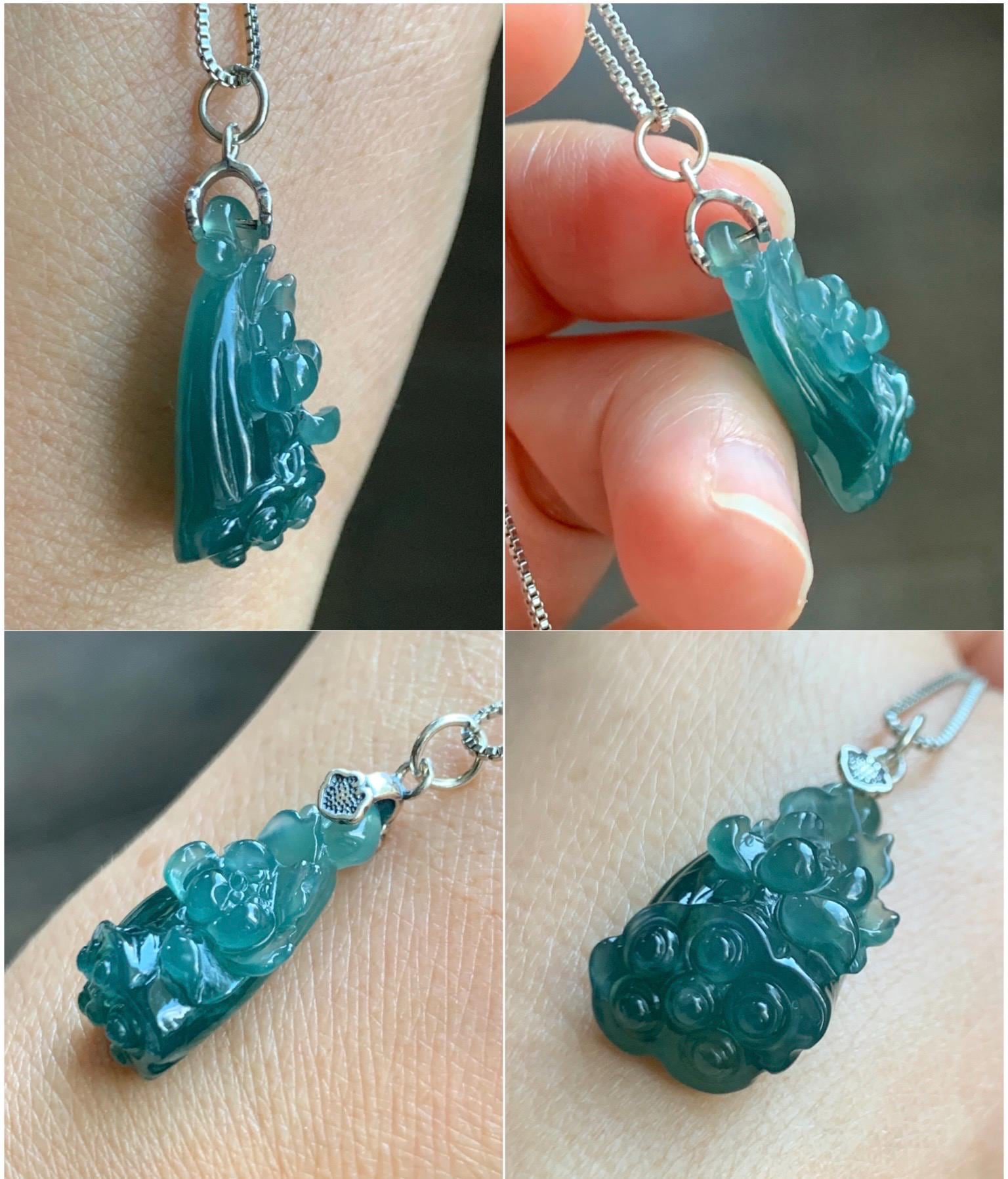 Natural Grade A Guatemalan Icy Translucent Dark Teal Blue Jade Jadeite Lotus Flower Lotus Pod Pendant Sterling Silver 天然冰危深蓝翡翠莲花莲蓬吊坠 WHP280B