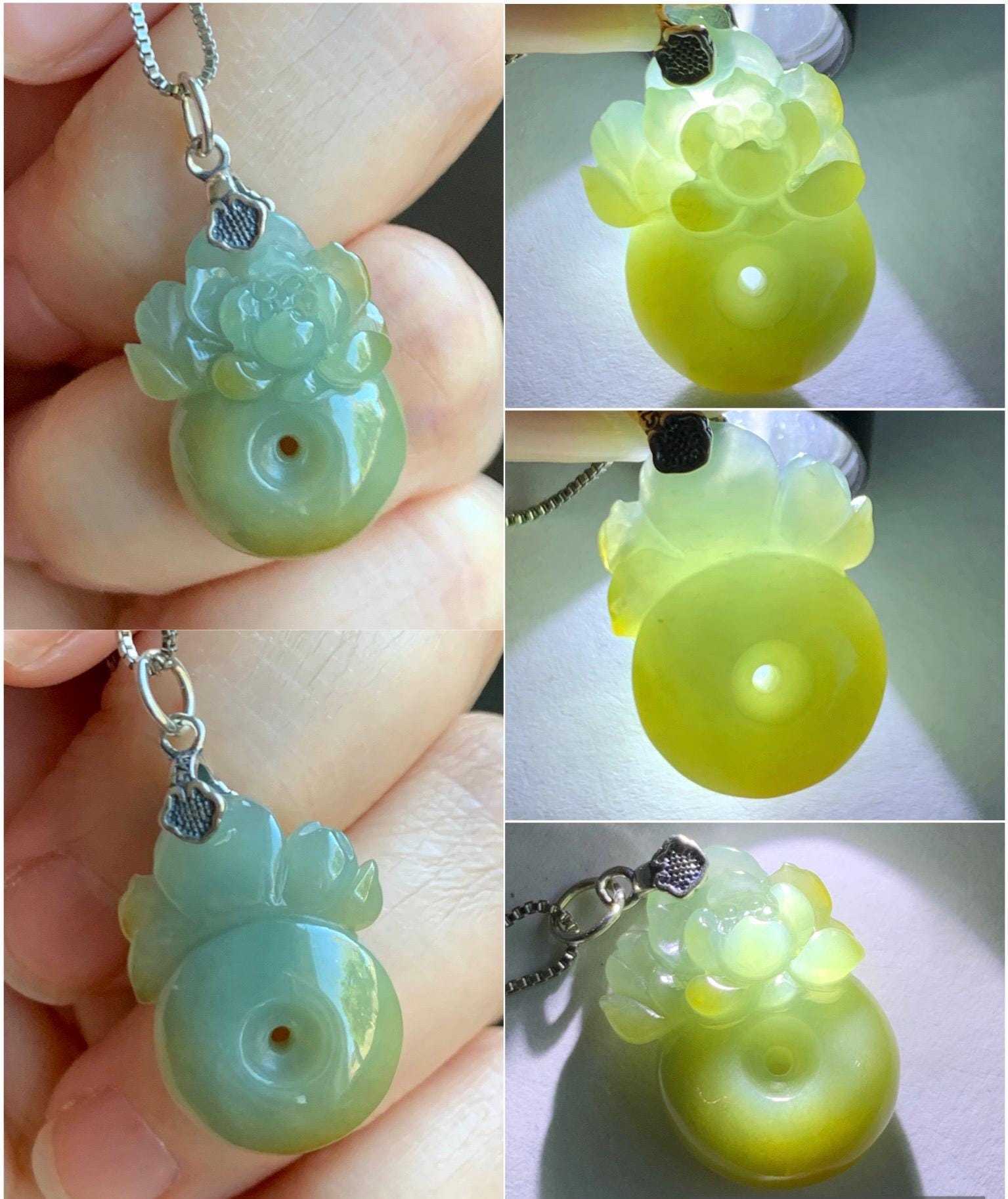 Natural Grade A Guatemalan Translucent Dusty Blue Yellow Jade Jadeite Lotus Flower Ping An Kou Donut Pendant Sterling Silver 天然危黄翡翠莲花平安扣吊坠 L