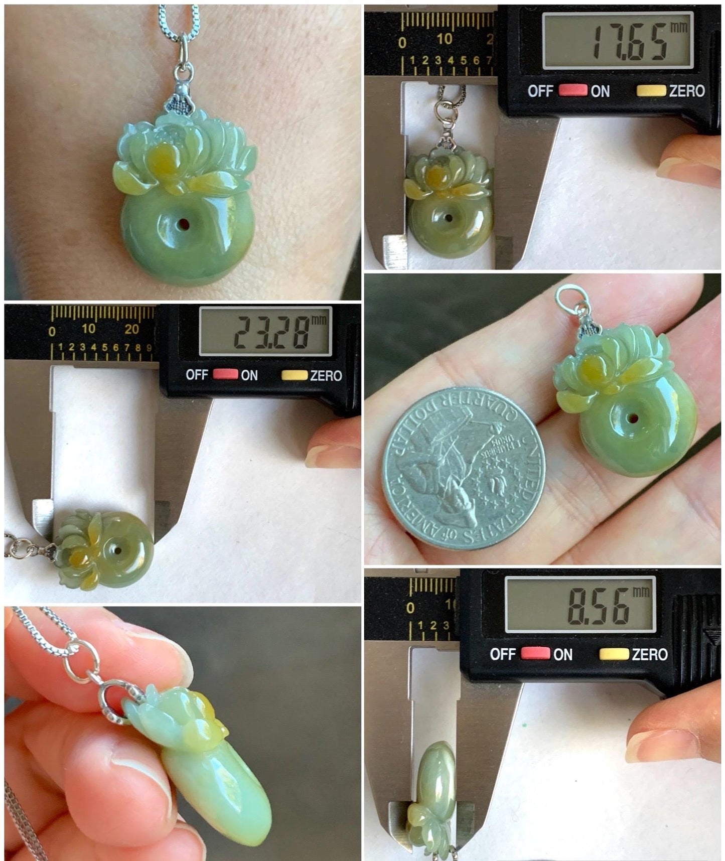 Natural Grade A Guatemalan Translucent Dusty Blue Yellow Jade Jadeite Lotus Flower Ping An Kou Donut Pendant Sterling Silver 天然危黄翡翠莲花平安扣吊坠 L