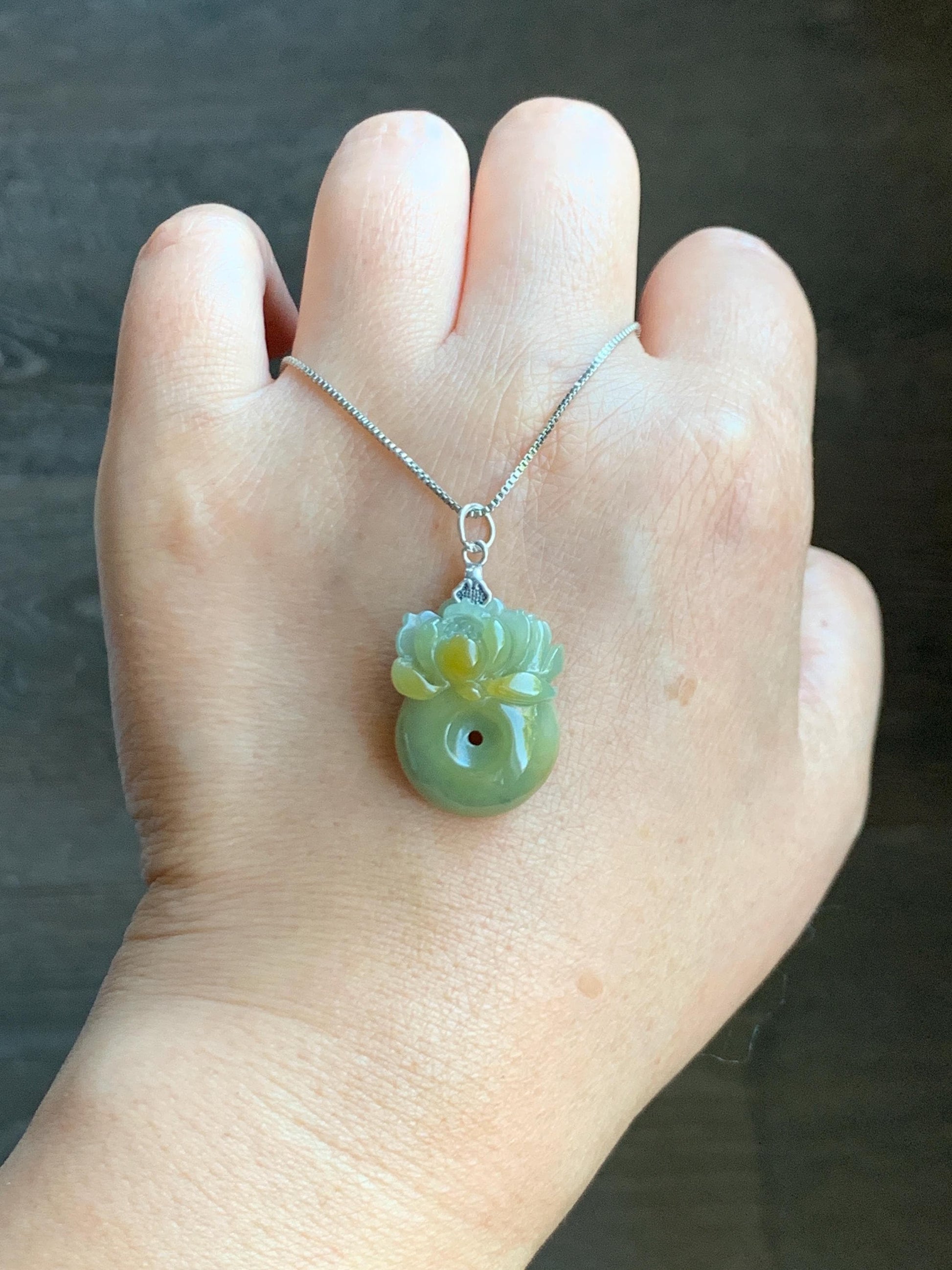 Natural Grade A Guatemalan Translucent Dusty Blue Yellow Jade Jadeite Lotus Flower Ping An Kou Donut Pendant Sterling Silver 天然危黄翡翠莲花平安扣吊坠 L