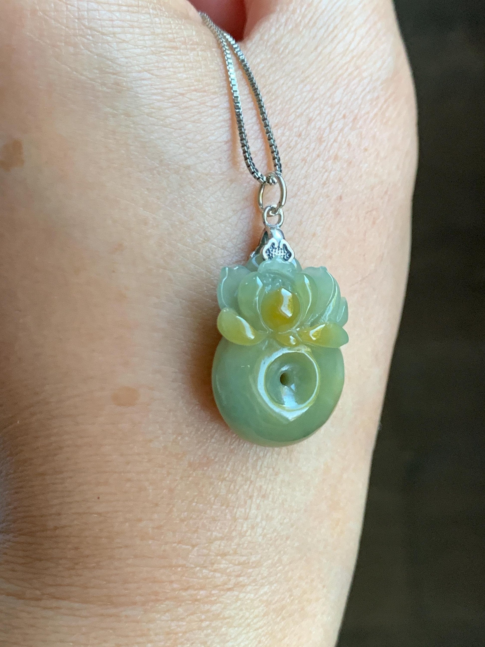 Natural Grade A Guatemalan Translucent Dusty Blue Yellow Jade Jadeite Lotus Flower Ping An Kou Donut Pendant Sterling Silver 天然危黄翡翠莲花平安扣吊坠 L