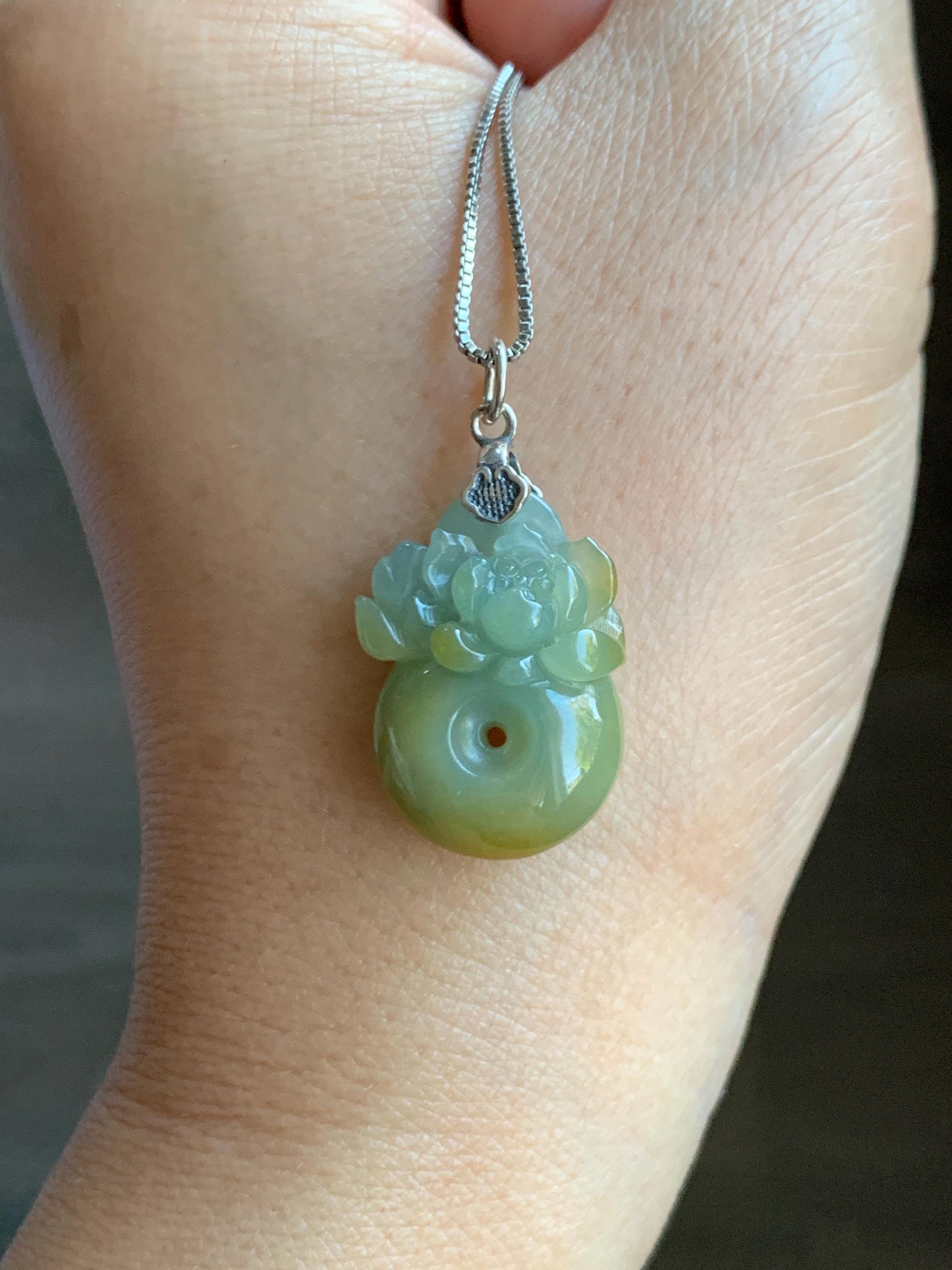 Natural Grade A Guatemalan Translucent Dusty Blue Yellow Jade Jadeite Lotus Flower Ping An Kou Donut Pendant Sterling Silver 天然危黄翡翠莲花平安扣吊坠 S