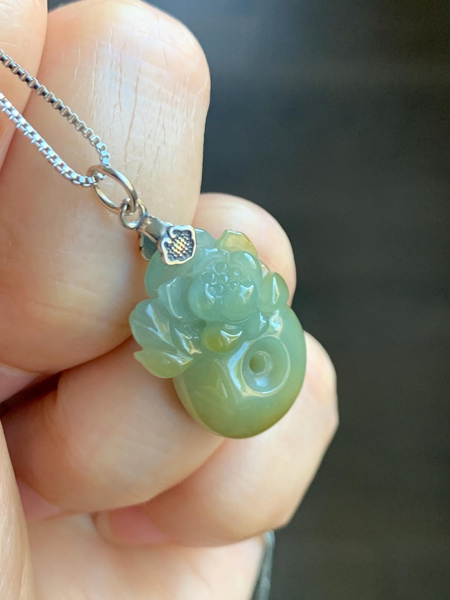 Natural Grade A Guatemalan Translucent Dusty Blue Yellow Jade Jadeite Lotus Flower Ping An Kou Donut Pendant Sterling Silver 天然危黄翡翠莲花平安扣吊坠 S