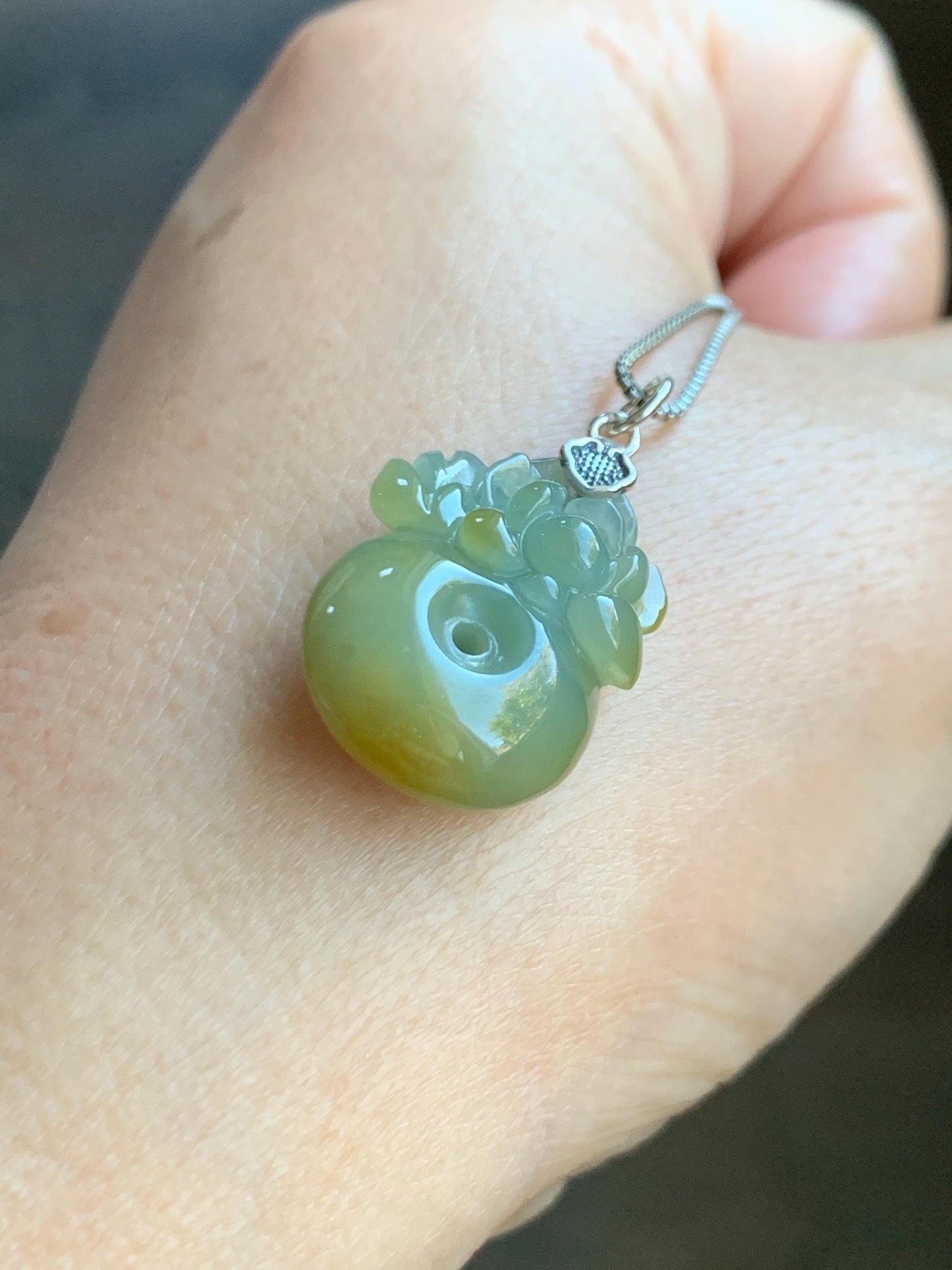 Natural Grade A Guatemalan Translucent Dusty Blue Yellow Jade Jadeite Lotus Flower Ping An Kou Donut Pendant Sterling Silver 天然危黄翡翠莲花平安扣吊坠 S