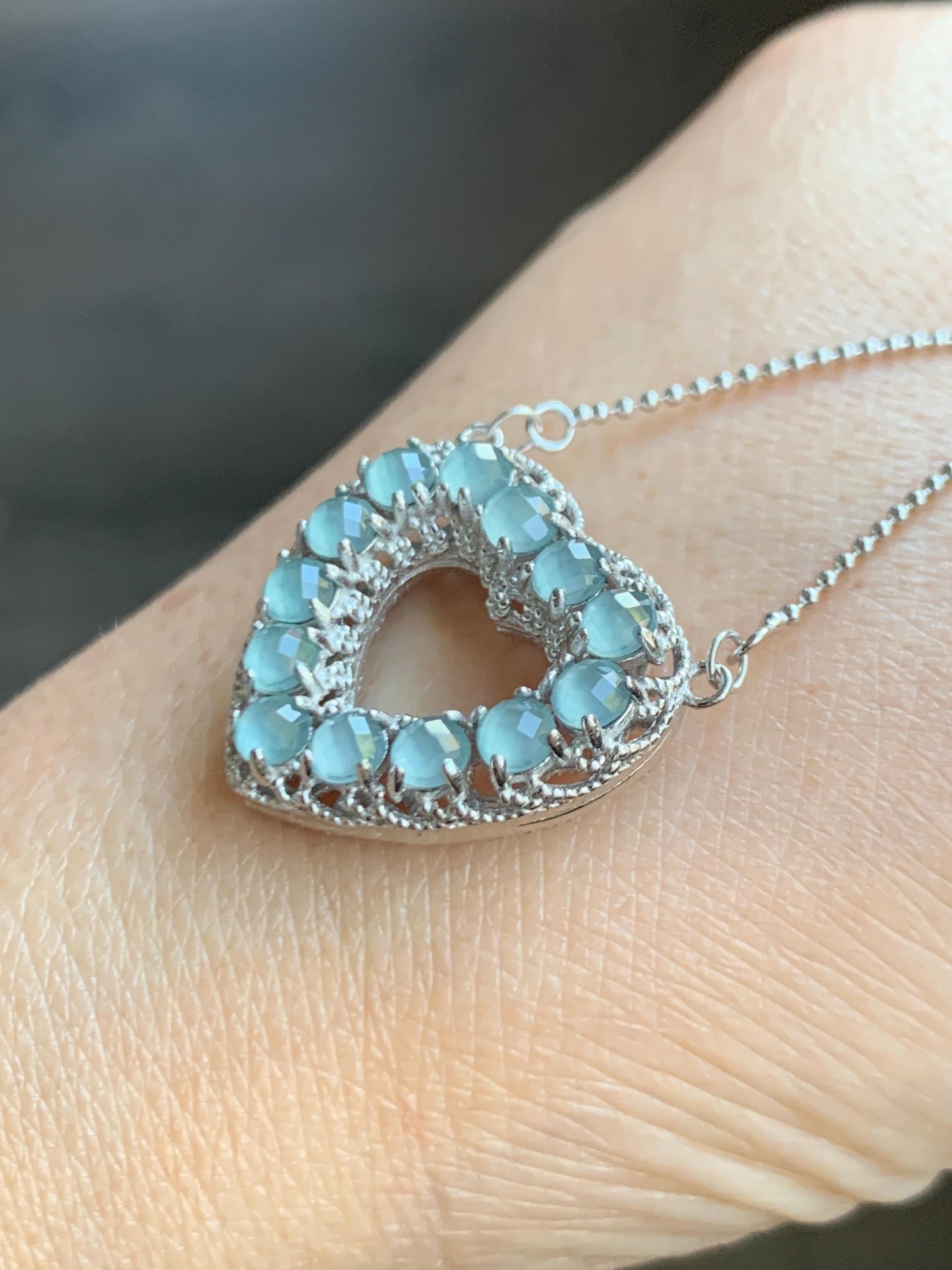 Natural Guatemalan Icy Highly Translucent Pastel Blue Jade Jadeite Heart Pendant Necklace Sterling Silver 16.25”-18.5” 天然高冰危淡蓝翡翠爱心锁骨链 WLQ165