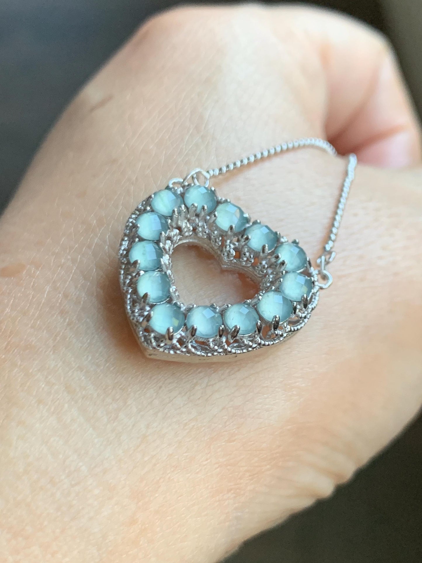 Natural Guatemalan Icy Highly Translucent Pastel Blue Jade Jadeite Heart Pendant Necklace Sterling Silver 16.25”-18.5” 天然高冰危淡蓝翡翠爱心锁骨链 WLQ165
