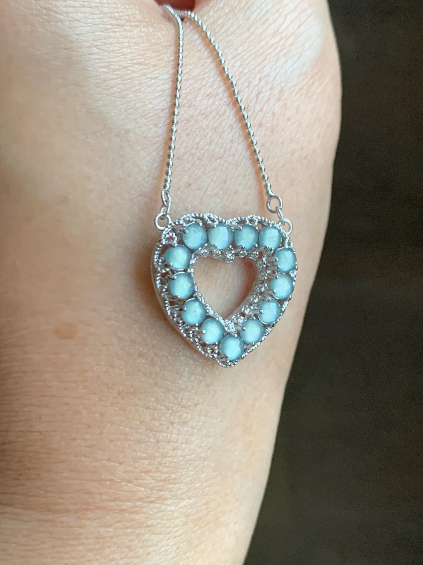 Natural Guatemalan Icy Highly Translucent Pastel Blue Jade Jadeite Heart Pendant Necklace Sterling Silver 16.25”-18.5” 天然高冰危淡蓝翡翠爱心锁骨链 WLQ165