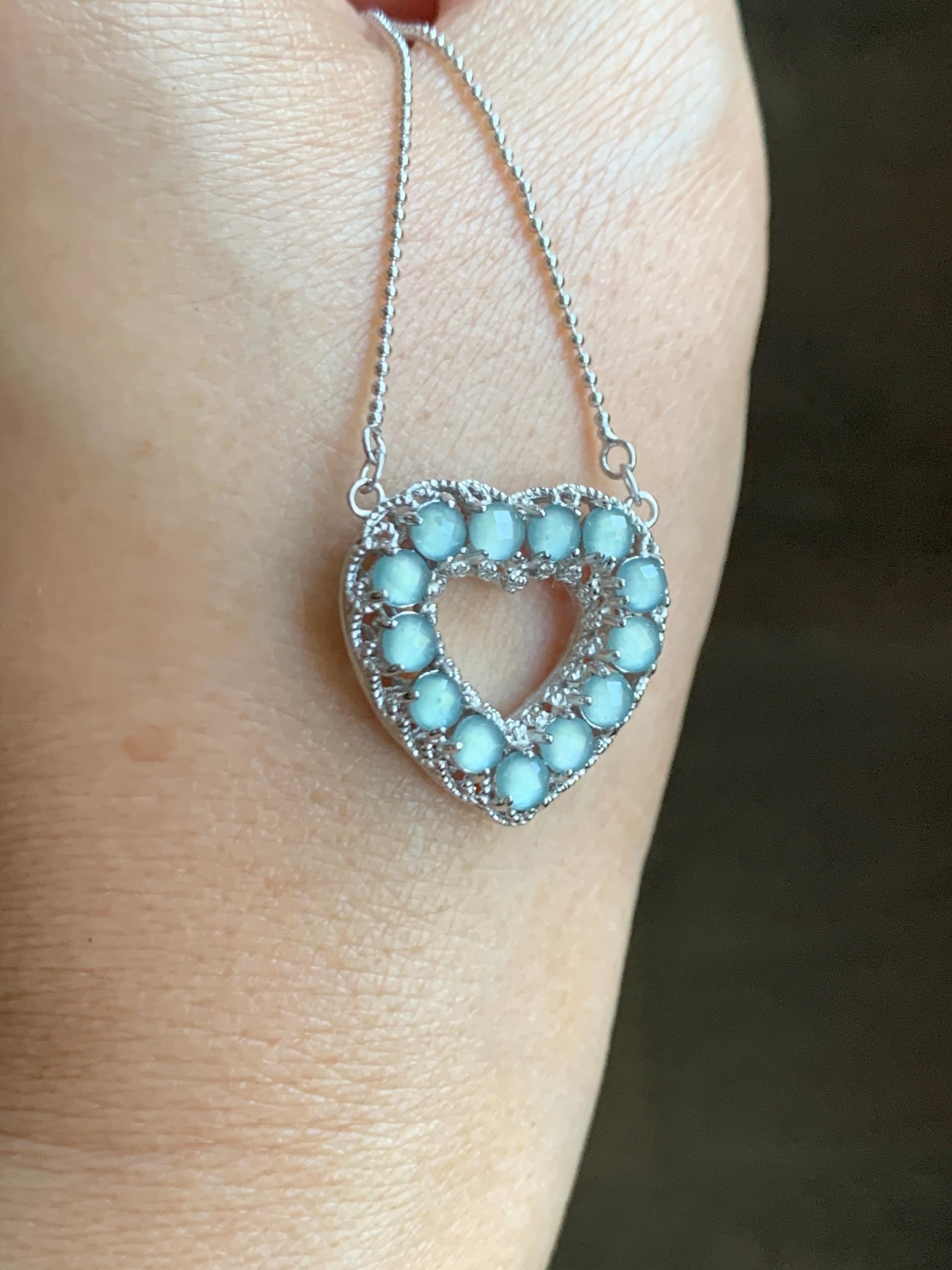 Natural Guatemalan Icy Highly Translucent Pastel Blue Jade Jadeite Heart Pendant Necklace Sterling Silver 16.25”-18.5” 天然高冰危淡蓝翡翠爱心锁骨链 WLQ165