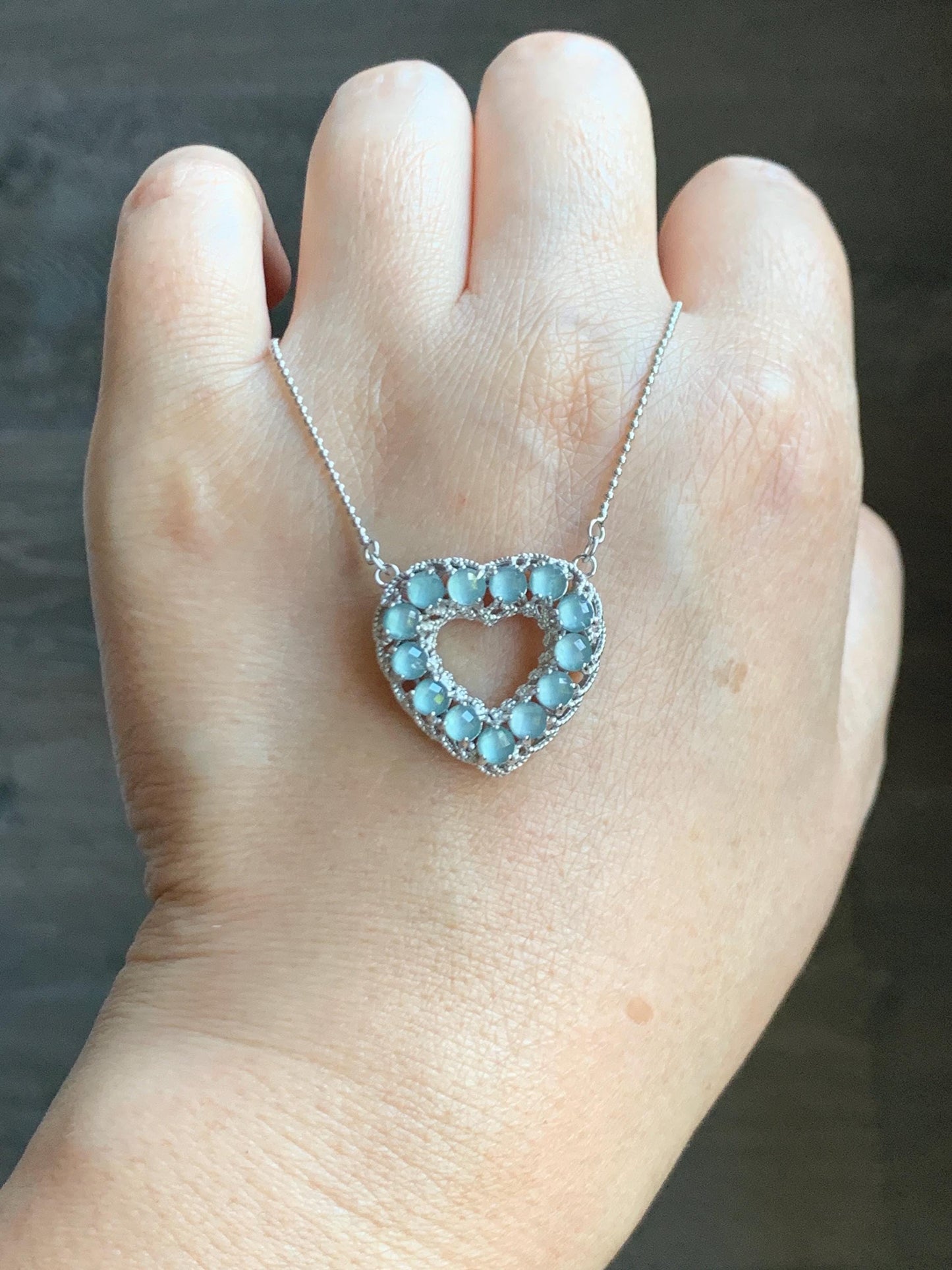 Natural Guatemalan Icy Highly Translucent Pastel Blue Jade Jadeite Heart Pendant Necklace Sterling Silver 16.25”-18.5” 天然高冰危淡蓝翡翠爱心锁骨链 WLQ165