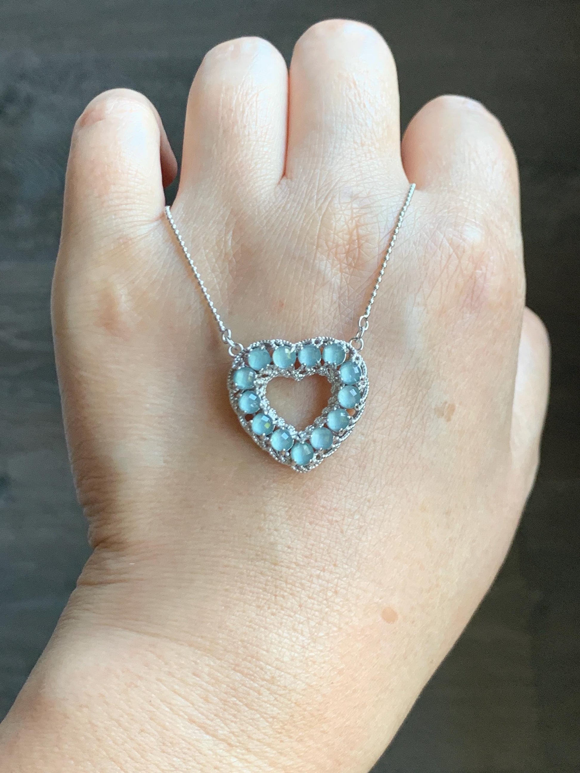 Natural Guatemalan Icy Highly Translucent Pastel Blue Jade Jadeite Heart Pendant Necklace Sterling Silver 16.25”-18.5” 天然高冰危淡蓝翡翠爱心锁骨链 WLQ165