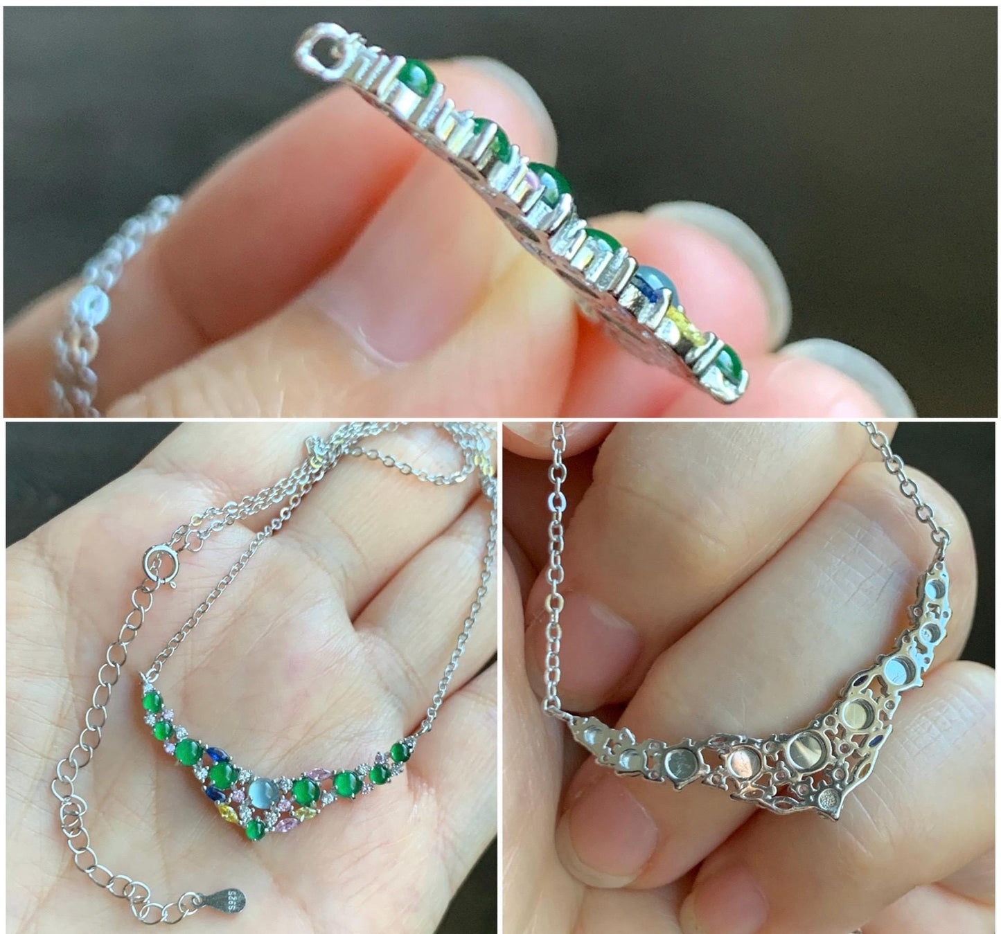 Natural Guatemalan Icy Highly Translucent Vibrant Green Blue Jade Jadeite Pendant Necklace Sterling Silver 16”-18.25” 天然冰危淡蓝危绿翡翠玉横锁骨链 HKF120