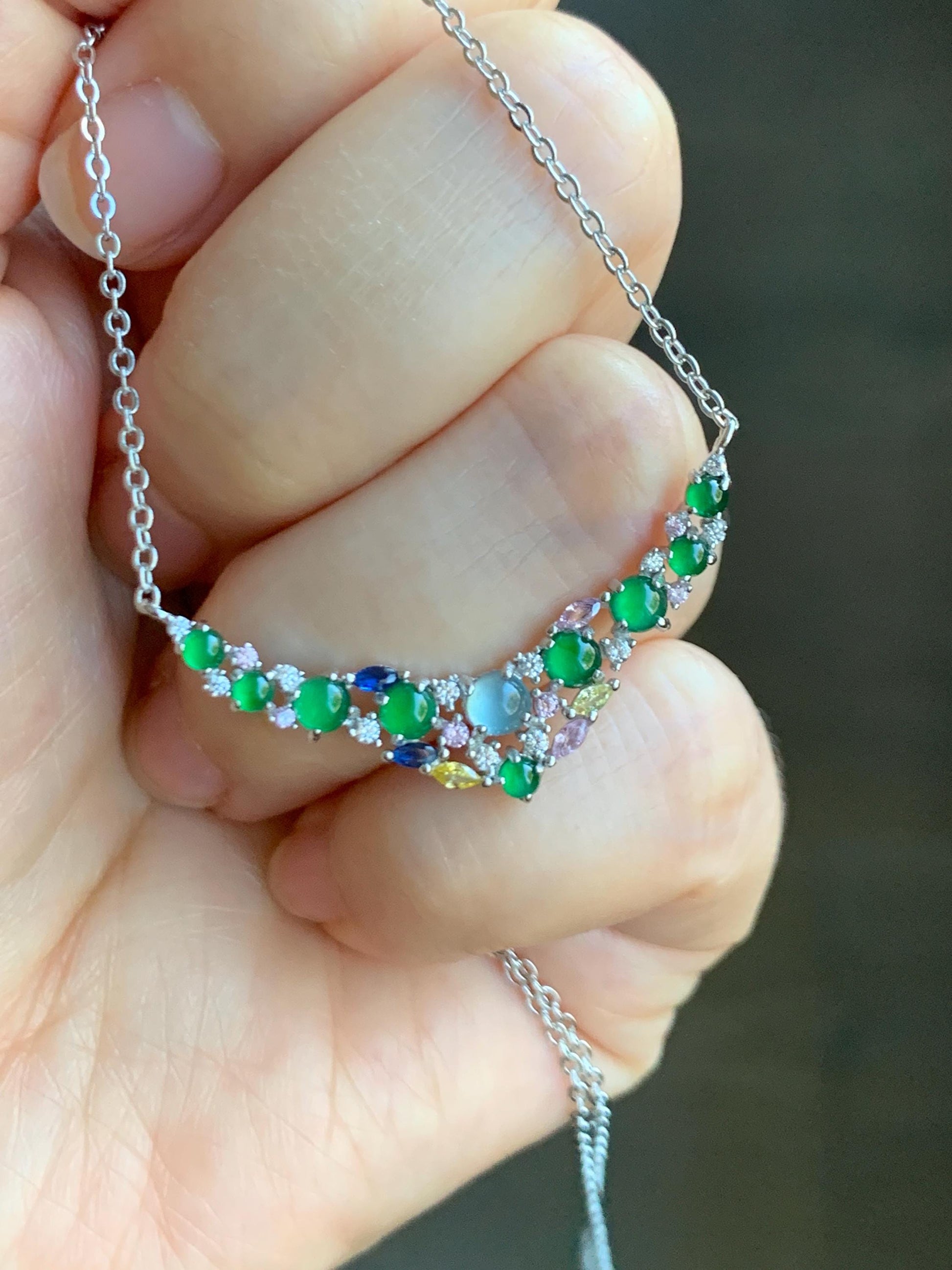 Natural Guatemalan Icy Highly Translucent Vibrant Green Blue Jade Jadeite Pendant Necklace Sterling Silver 16”-18.25” 天然冰危淡蓝危绿翡翠玉横锁骨链 HKF120