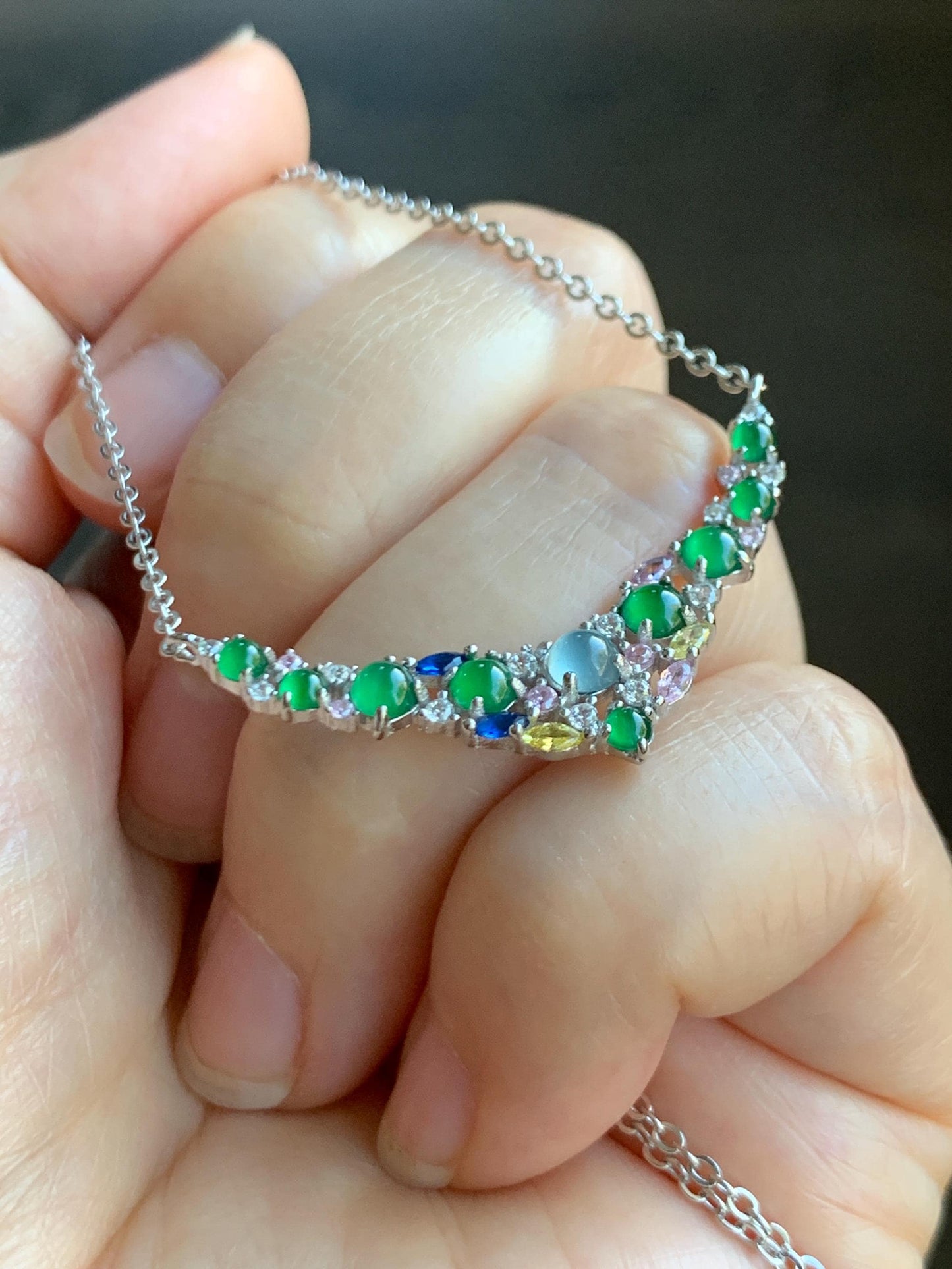 Natural Guatemalan Icy Highly Translucent Vibrant Green Blue Jade Jadeite Pendant Necklace Sterling Silver 16”-18.25” 天然冰危淡蓝危绿翡翠玉横锁骨链 HKF120