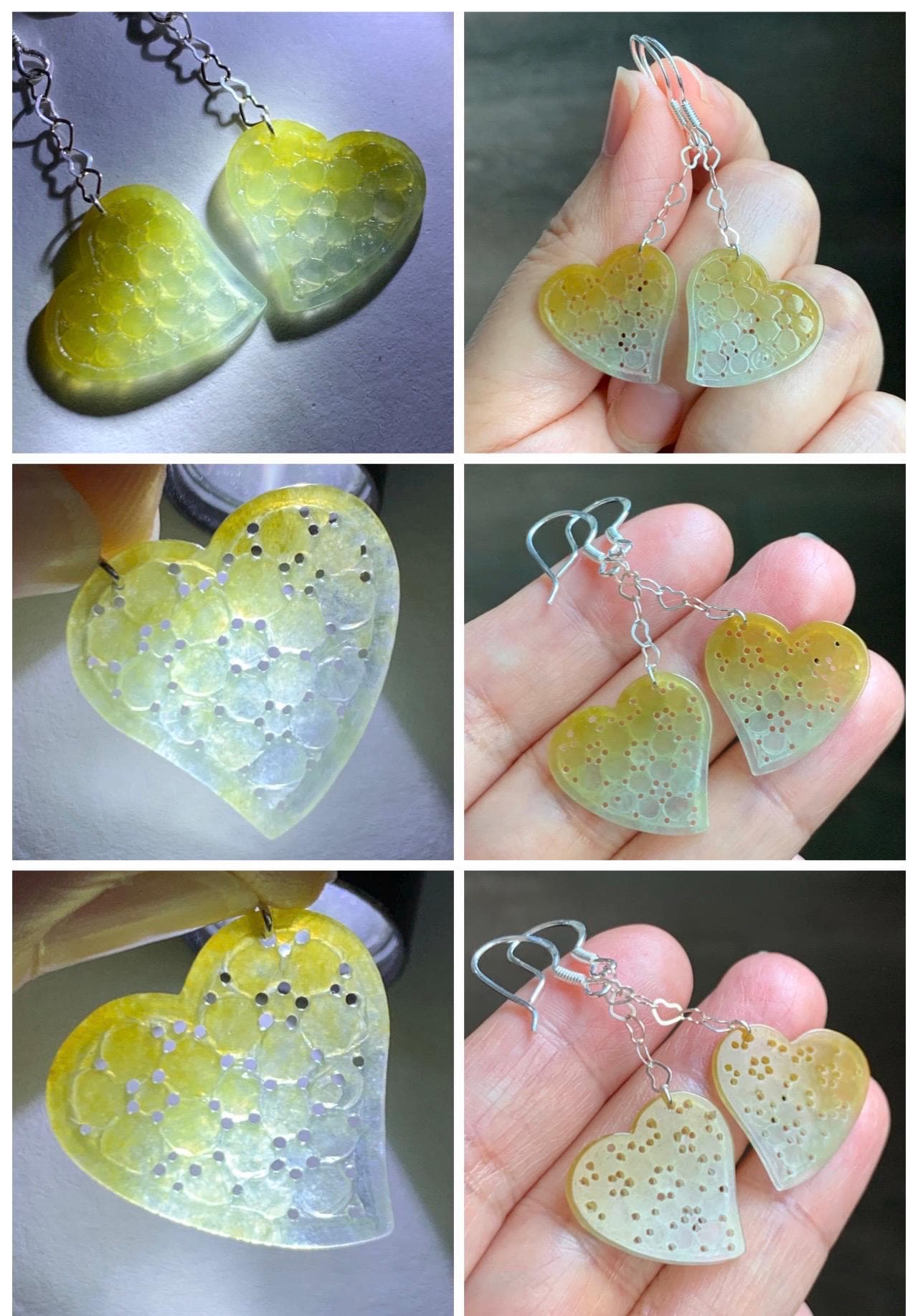 Natural Grade A Icy Highly Translucent Vibrant Yellow Jade Jadeite Openwork Engraved Heart Earrings Sterling Silver 天然冰黄翡翠镂空雕爱心足银耳钩耳吊BMH496A