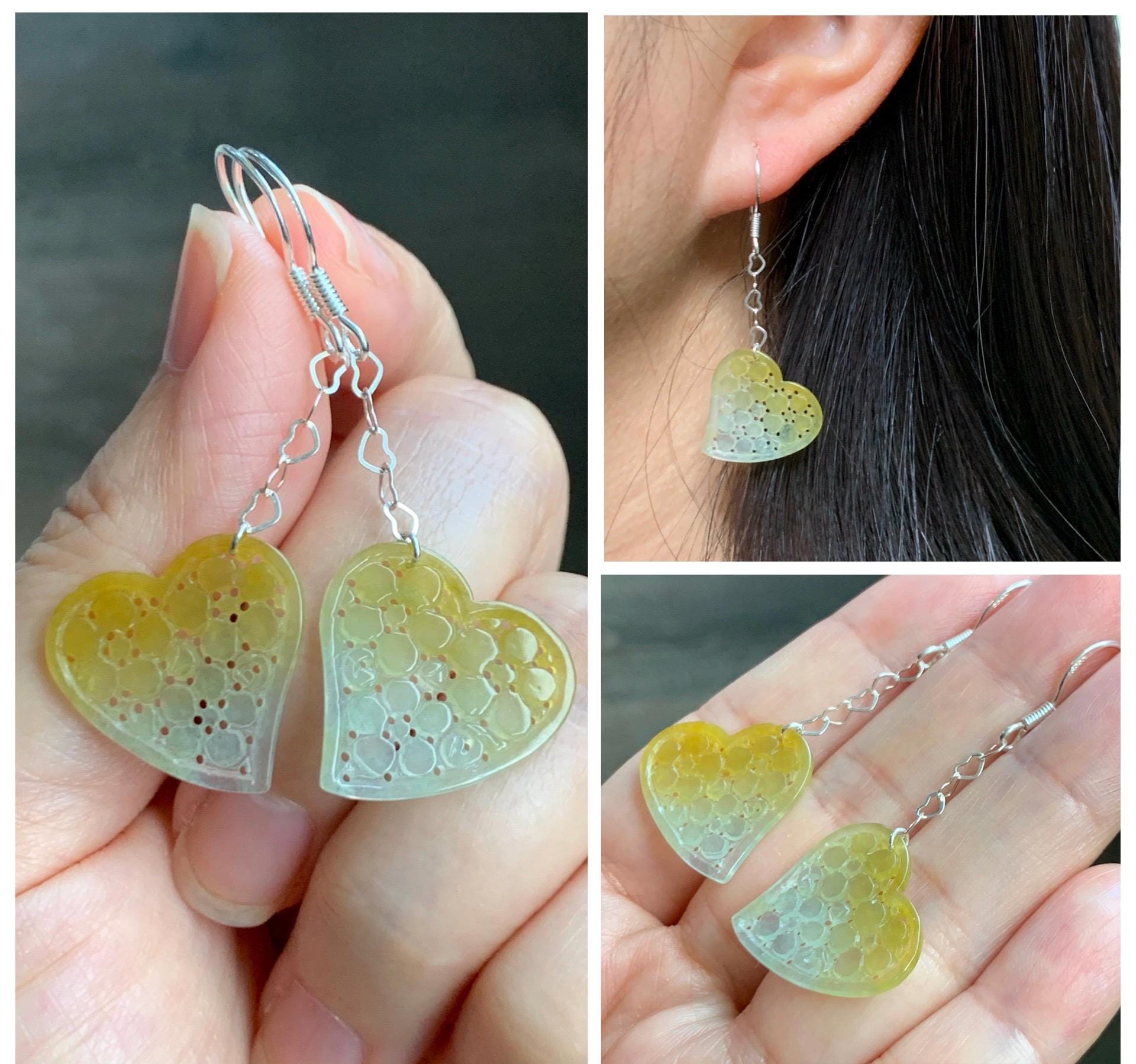 Natural Grade A Icy Highly Translucent Vibrant Yellow Jade Jadeite Openwork Engraved Heart Earrings Sterling Silver 天然冰黄翡翠镂空雕爱心足银耳钩耳吊BMH496A