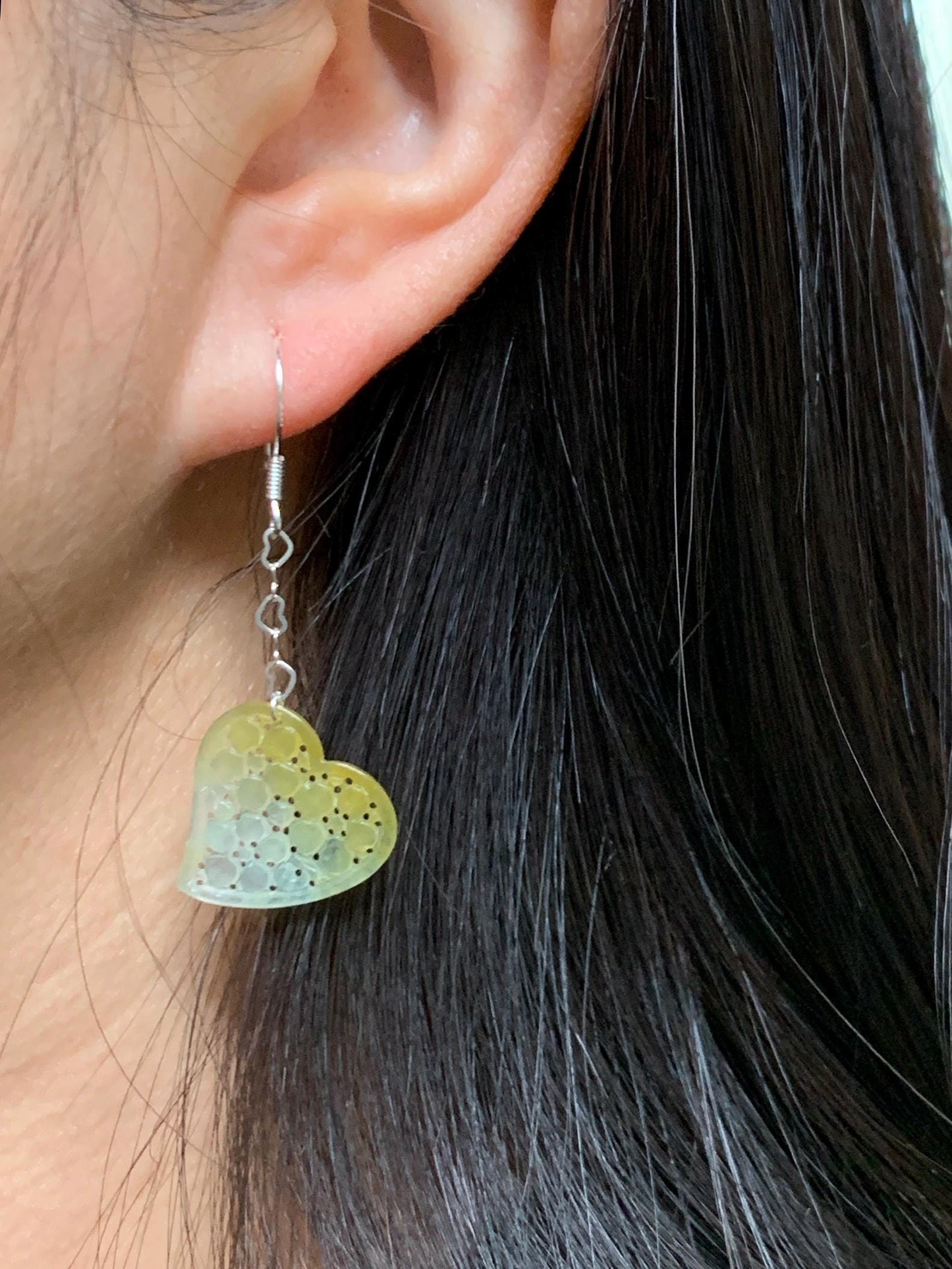 Natural Grade A Icy Highly Translucent Vibrant Yellow Jade Jadeite Openwork Engraved Heart Earrings Sterling Silver 天然冰黄翡翠镂空雕爱心足银耳钩耳吊BMH496A