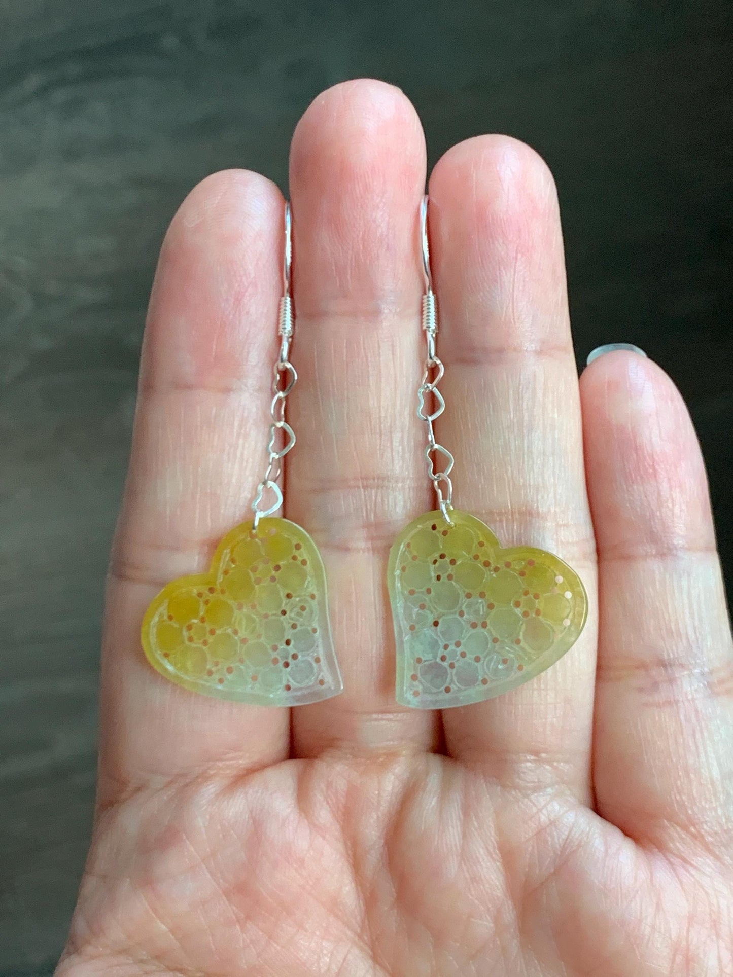 Natural Grade A Icy Highly Translucent Vibrant Yellow Jade Jadeite Openwork Engraved Heart Earrings Sterling Silver 天然冰黄翡翠镂空雕爱心足银耳钩耳吊BMH496A