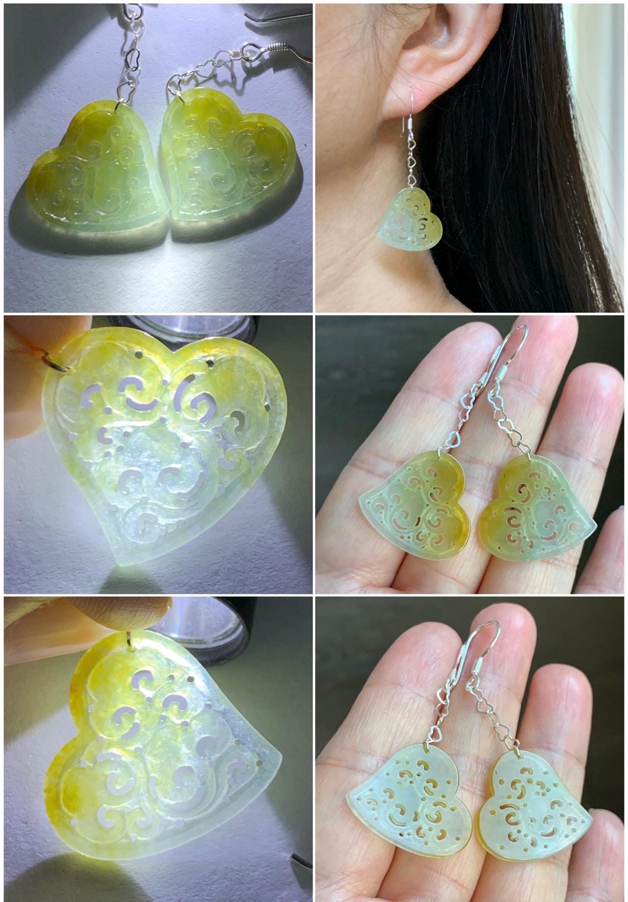 Natural Grade A Icy Highly Translucent Vibrant Yellow Jade Jadeite Openwork Engraved Heart Earrings Sterling Silver 天然冰黄翡翠镂空雕爱心足银耳钩耳吊BMH496B