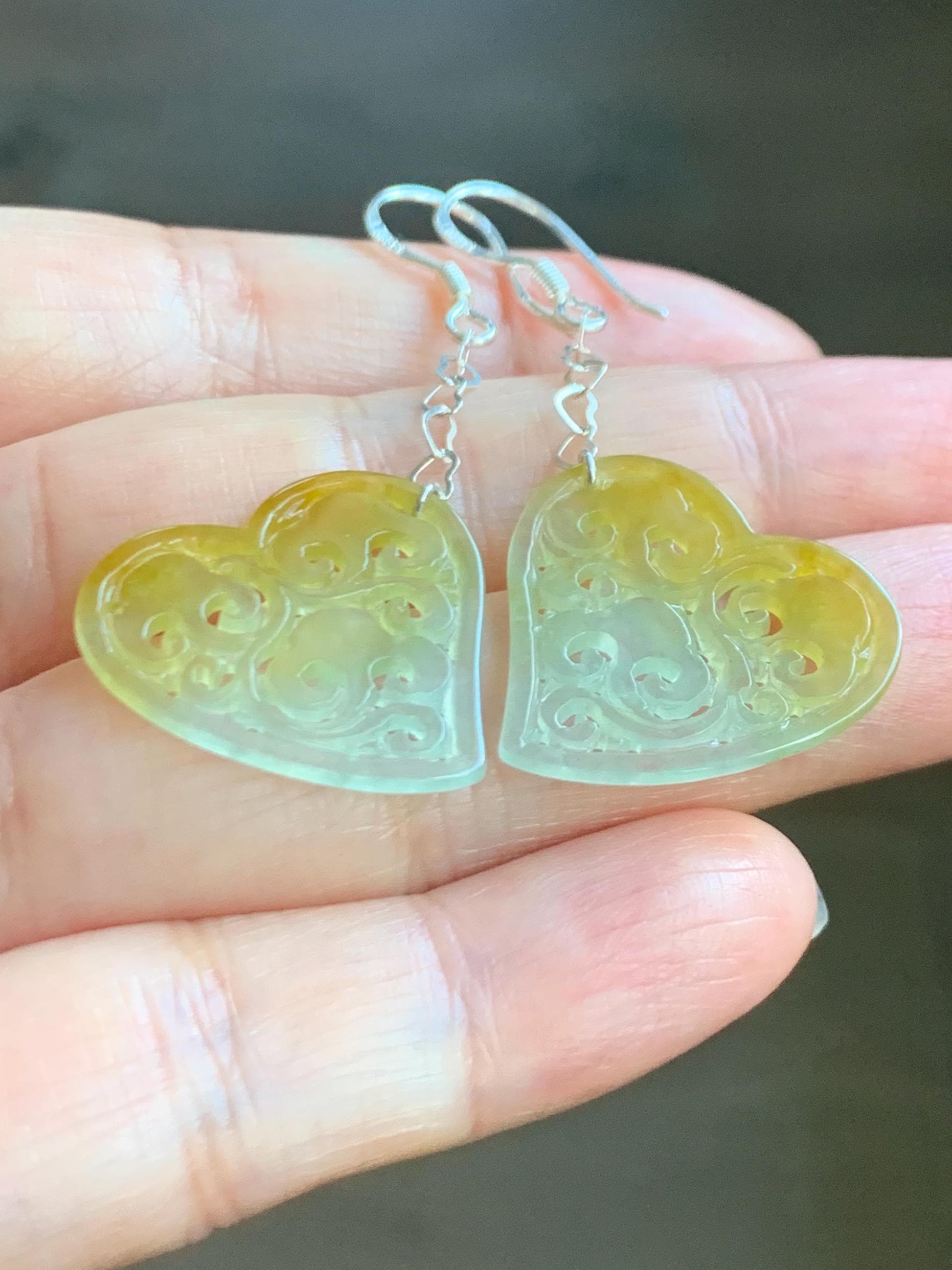 Natural Grade A Icy Highly Translucent Vibrant Yellow Jade Jadeite Openwork Engraved Heart Earrings Sterling Silver 天然冰黄翡翠镂空雕爱心足银耳钩耳吊BMH496B
