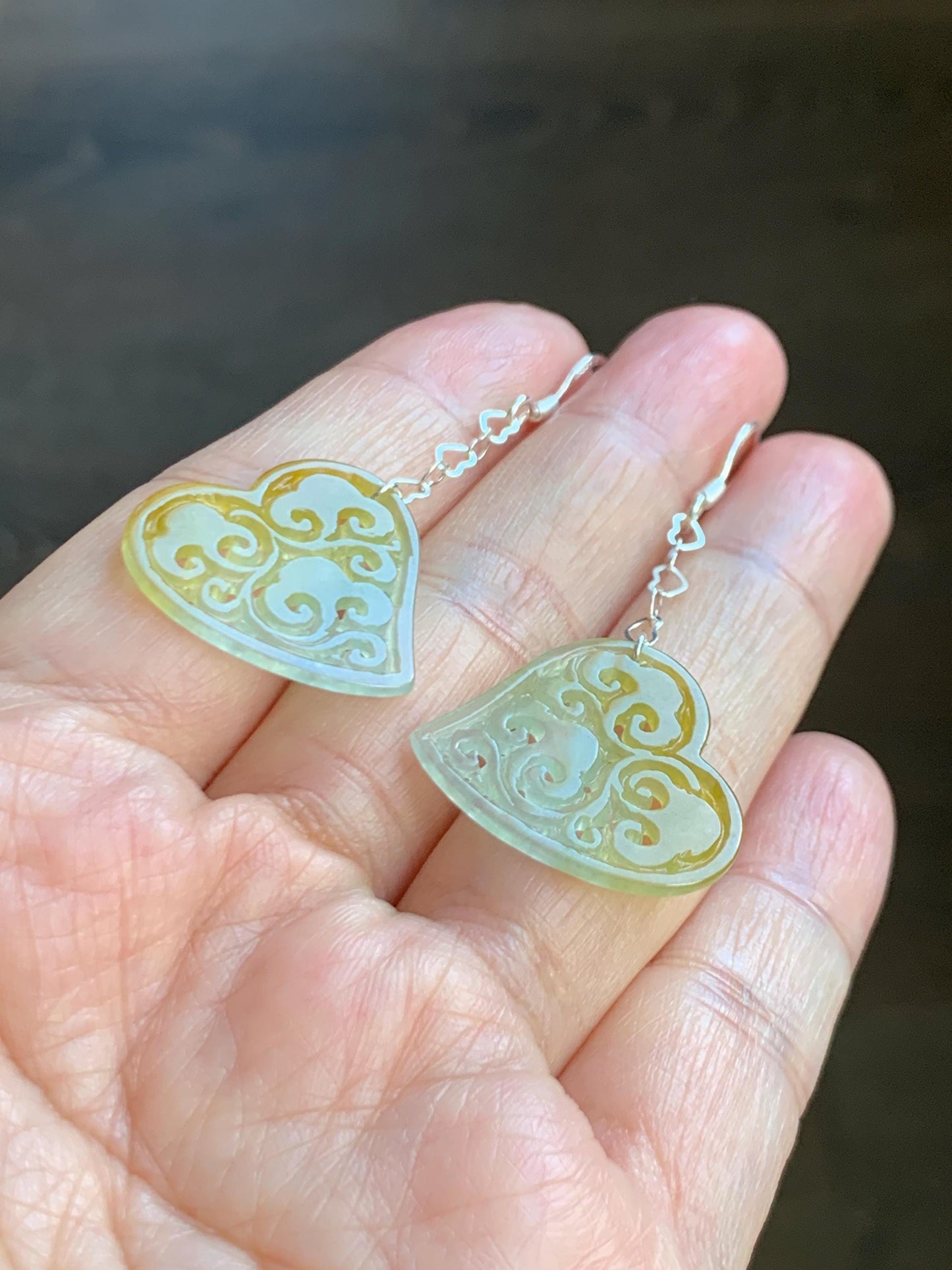 Natural Grade A Icy Highly Translucent Vibrant Yellow Jade Jadeite Openwork Engraved Heart Earrings Sterling Silver 天然冰黄翡翠镂空雕爱心足银耳钩耳吊BMH496B