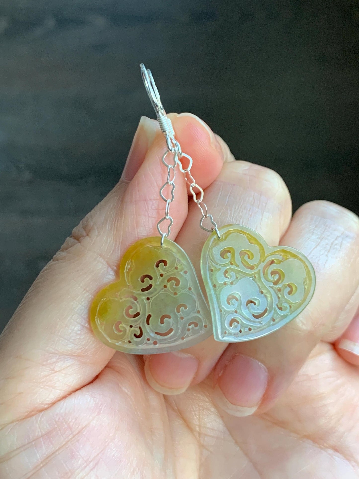 Natural Grade A Icy Highly Translucent Vibrant Yellow Jade Jadeite Openwork Engraved Heart Earrings Sterling Silver 天然冰黄翡翠镂空雕爱心足银耳钩耳吊BMH496B