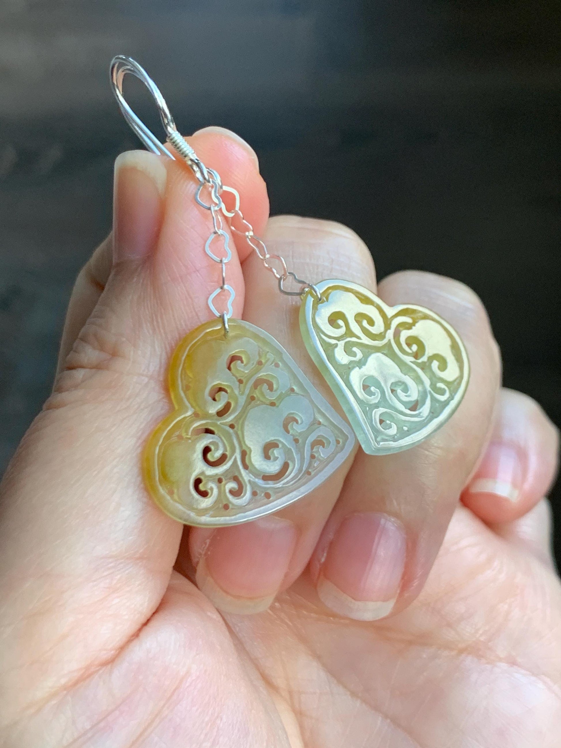 Natural Grade A Icy Highly Translucent Vibrant Yellow Jade Jadeite Openwork Engraved Heart Earrings Sterling Silver 天然冰黄翡翠镂空雕爱心足银耳钩耳吊BMH496B